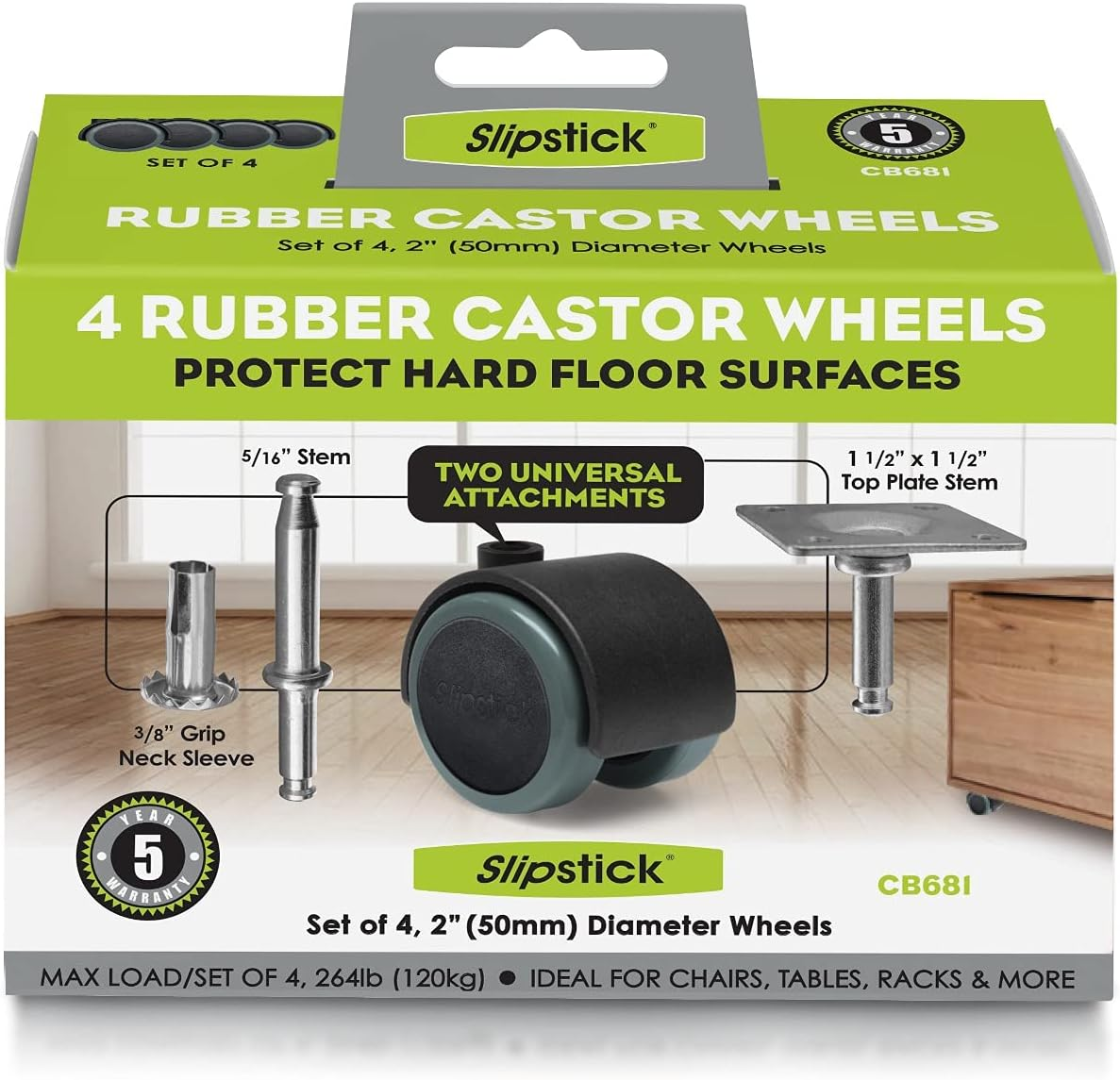 Slipstick CB681 2 Inch Floor Protector Rubber Caster Wheels (Set of 4) 5/16 Inch Stem or Top Plate Mounting Options - Black/Gray image number 1