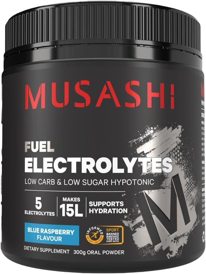 Musashi Electrolyte Powder &ndash; Blue Raspberry Flavour, 300G | Hydration + Recovery | Magnesium, Sodium & Potassium | Zero Sugar | Pre, Intra or Post-Workout Drink Mix
