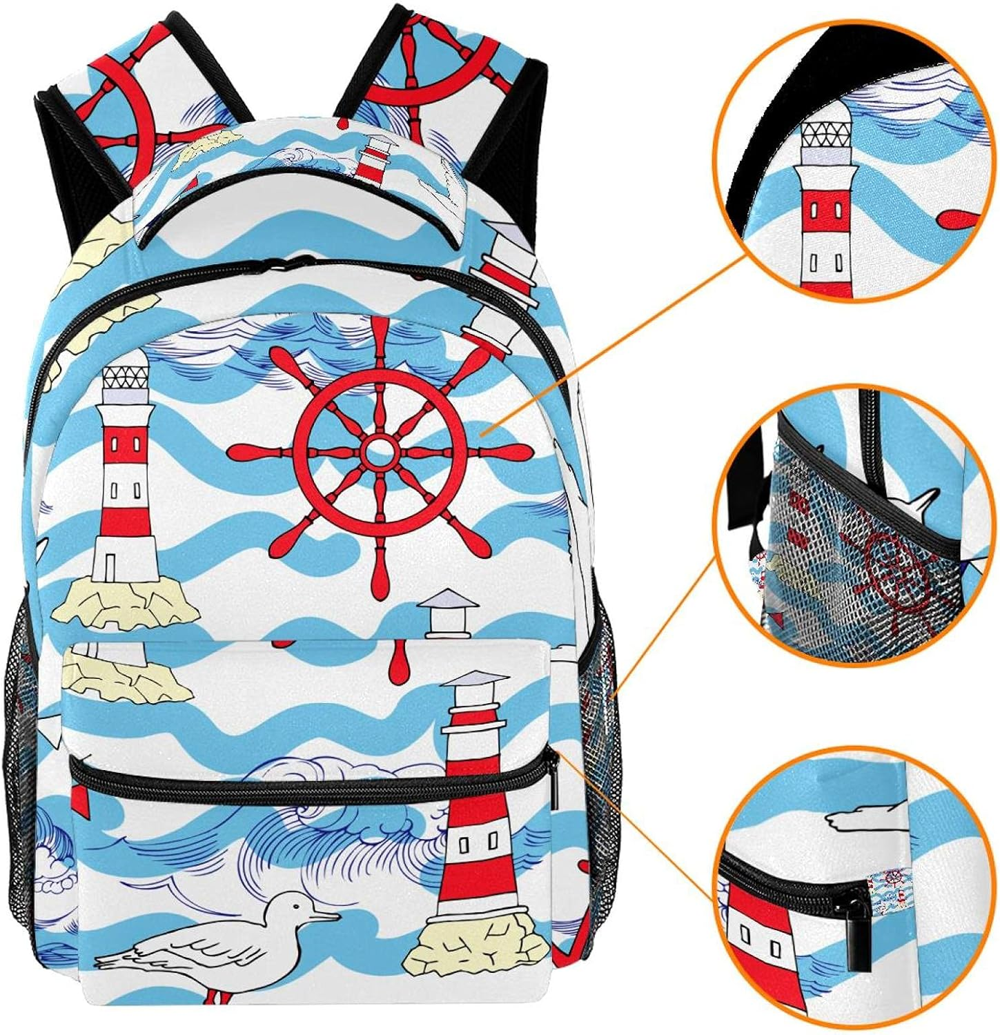 Nautical Travel Sea and Ocean Wheel Lighthouse Backpack Students Shoulder Bags Travel Bag College School Tote Backpacks image number 2