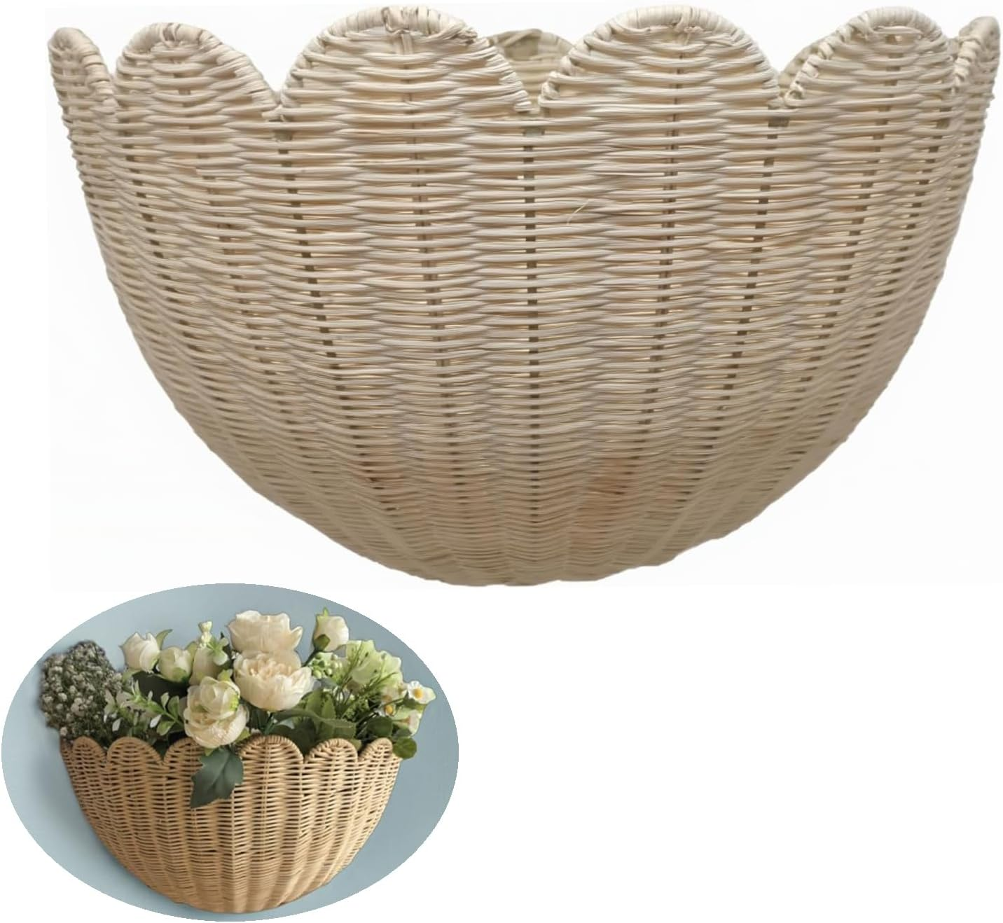 Yharnamite Wicker Hanging Basket, Rustic Scalloped Wall Hanging Woven Baskets for Kitchen, Bathroom, Living Room, Bedroom, 16X7X10 Inch