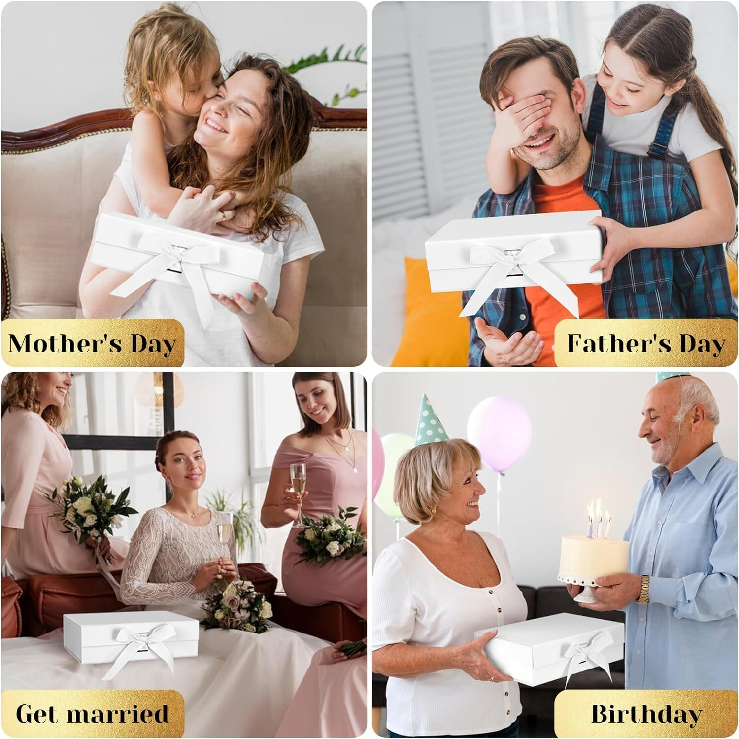 Gift Box with Lid, 3 PCS Collapsible Magnetic Closure Proposal Box with Satin Ribbons, Sturdy Storage Box for Birthdays, Weddings, Christmas (White, 30 X 24 X10Cm) image number 6