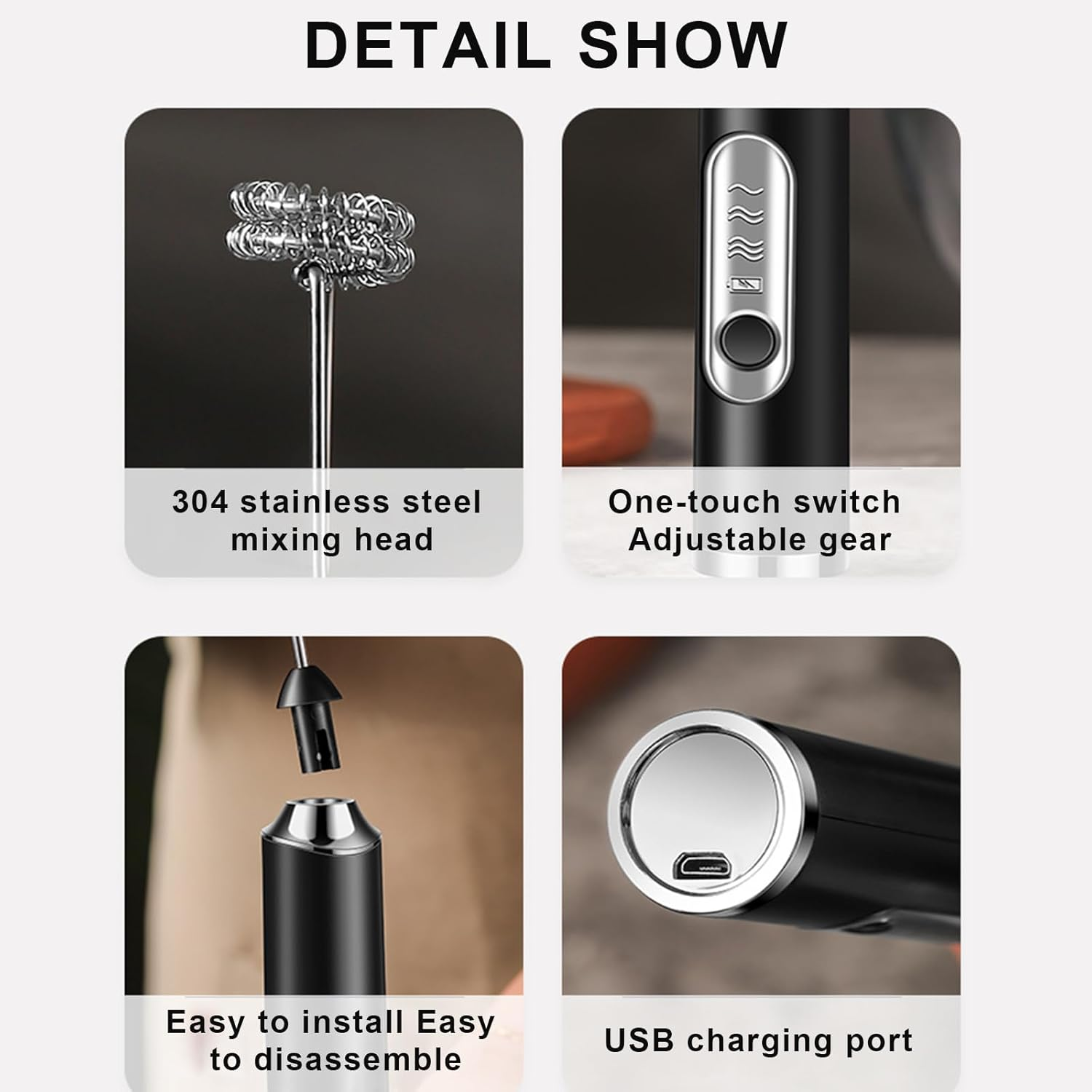 Milk Frother Rechargeable Handheld Electric Whisk Coffee Frother Mixer with 2 Stainless Whisks 3 Speed Adjustable Foam Maker Blender for Coffee Matcha Latte Cappuccino Protein Powder (Black) - White image number 6