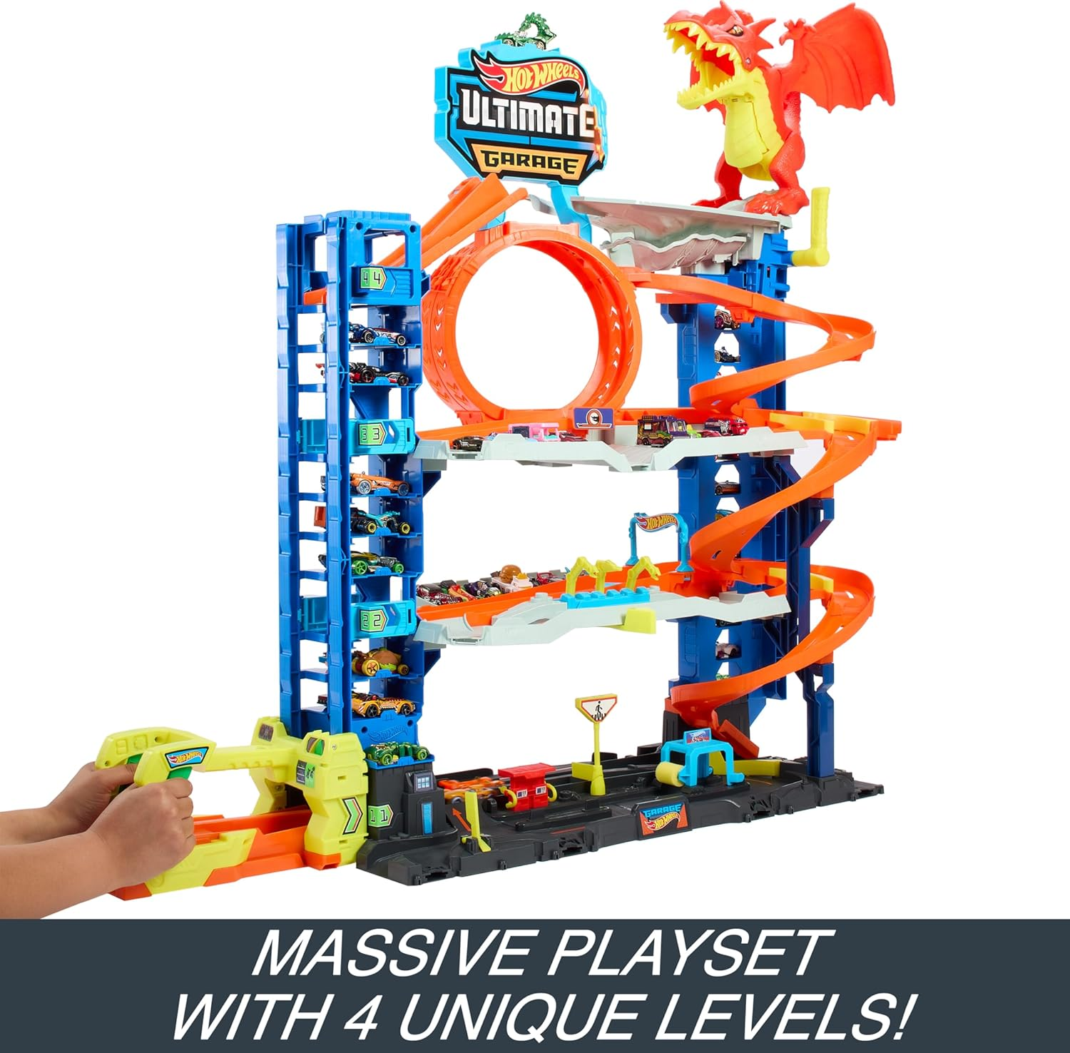 Hot Wheels City Toy Car Track Set Ultimate Garage with 2 Die-Cast Toy Cars & Car-Eating Dragon, Stores 50+ Vehicles, 4 Levels image number 4