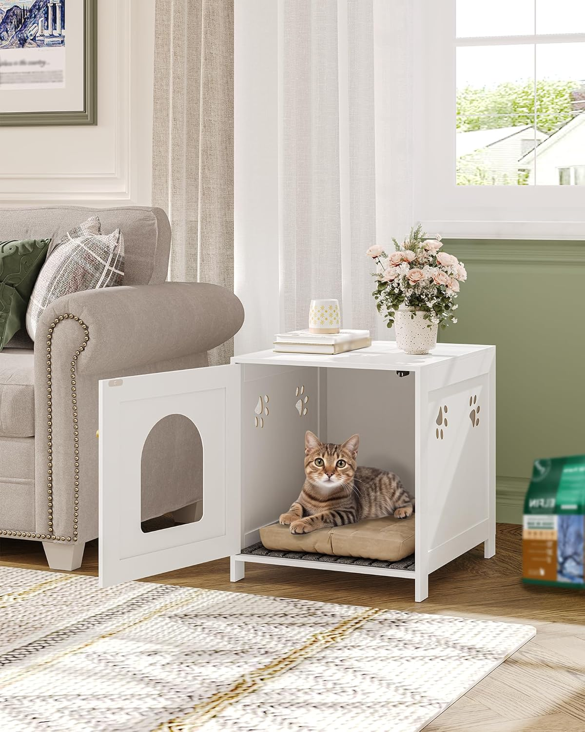 Hzuaneri Cat Litter Box Enclosure, 21.6" L Hidden Litter Box Furniture, Wooden Indoor Pet House with Front Arched Door, Side End Table, Nightstand for Living Room, Bedroom, White CB82213X image number 4