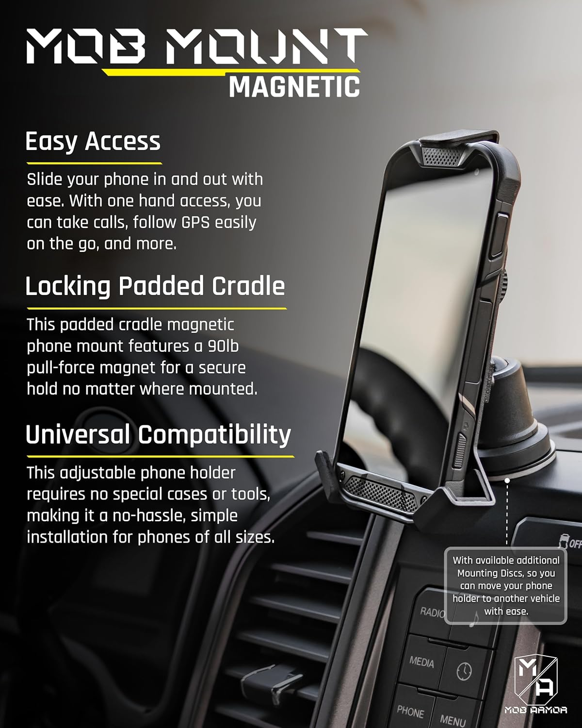 Mob Armor Mob Mount Switch Magnetic - Magnetic Phone Holder for Cars, ATV, UTV, & Trucks | Heavy Duty Aluminum Cell Phone Mount | W/Shock & Vibration Protection | Compatible W/Iphone & Android - Large image number 2