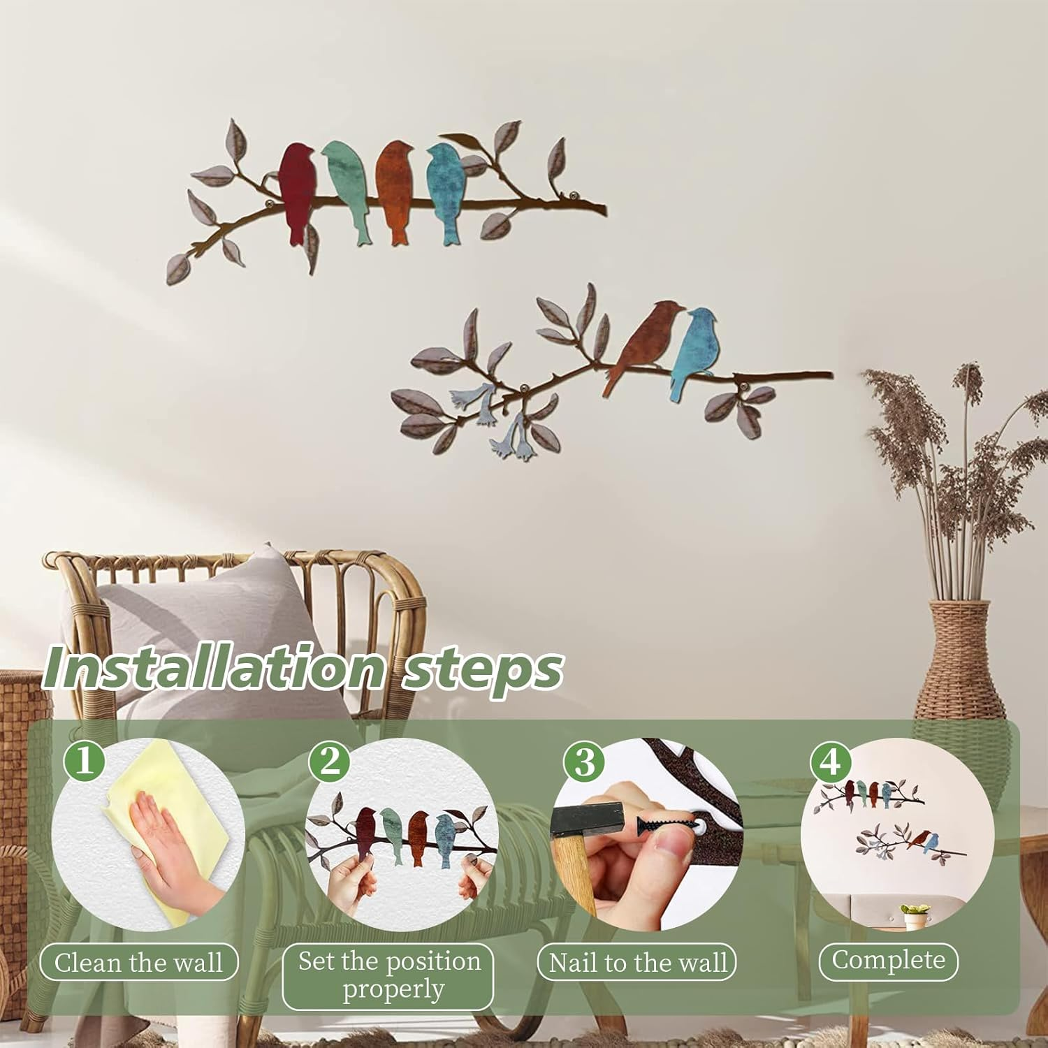 2 Pcs Metal Birds Hanging Bird Picture Wall Decor, Vivid Birds on Branch Art, Metal Silhouette Sculpture, Colorful Leaves Rustic Decor, for Balcony Garden, Indoor & Outdoor (Black)