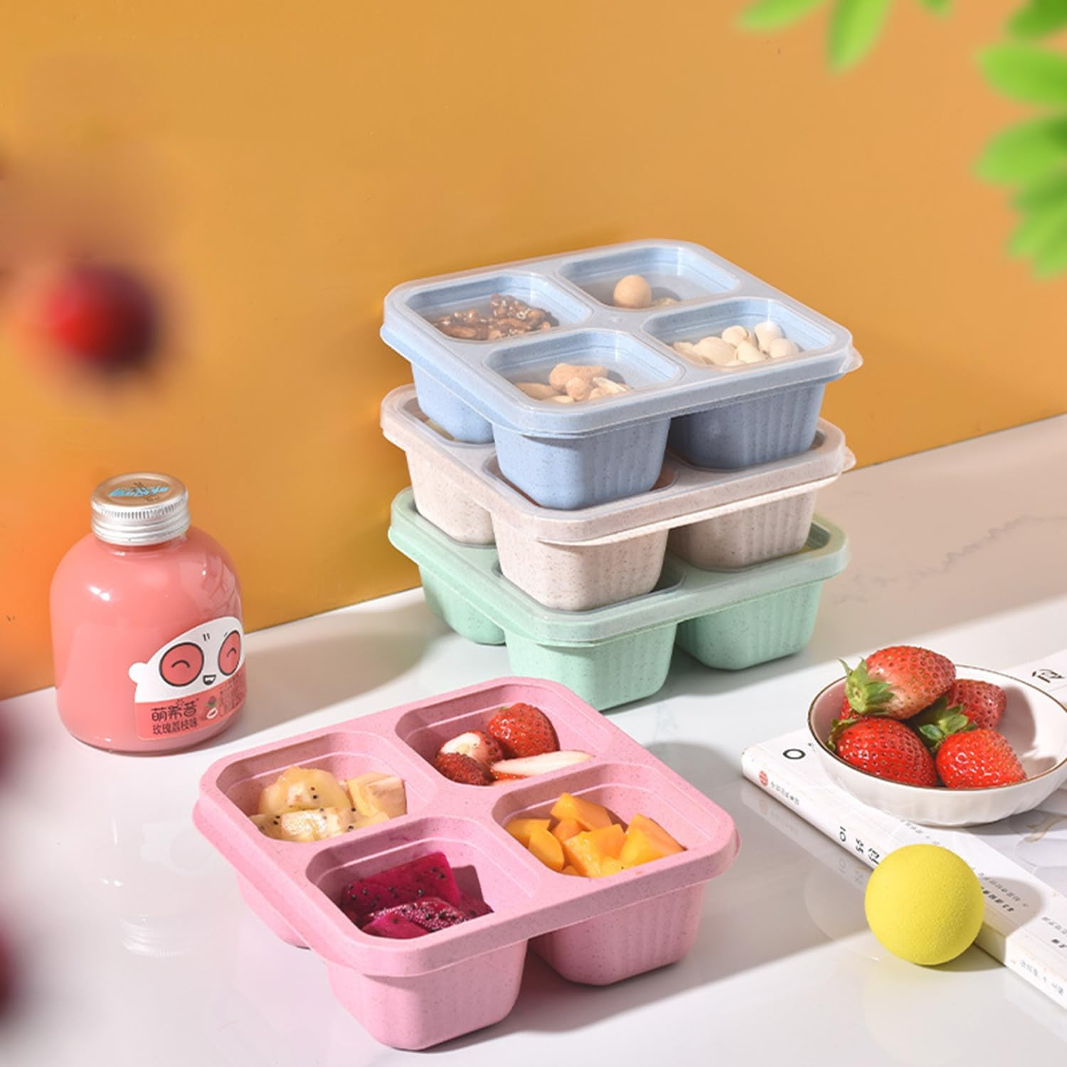5 Pack Snack Containers, Reusable Bento Snack Box, 4 Compartments Meal Prep Lunch Containers for Kids and Adults, Divided Food Storage Containers for School Work Travel image number 4