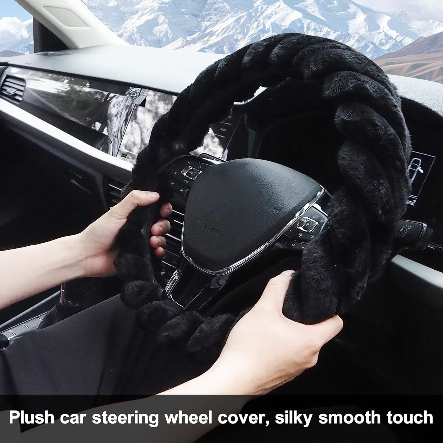 Fluffy Steering Wheel Cover for Women, Universal Fit 14-15 Inch, Anti-Slip Soft Plush Car Wheel Covers Protector, Full Surround, Winter Car Interior Accessories for Female Men (Black) image number 6