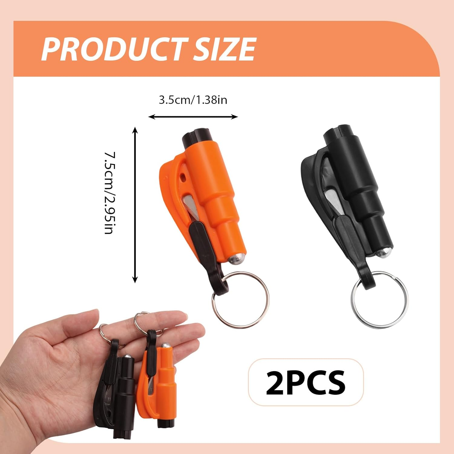 Ozessence 2 Car Window Breaker, 2-In-1 Emergency Keychain Car Escape Tool with Seatbelt Cutter, Simple Operation Crushed by One Press (Black/Orange image number 4