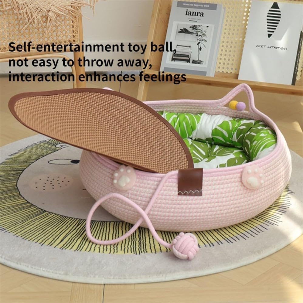 Natural Cat Bed Rattan,Hand Woven Cat Bed with Toy Tail,Washable Cozy Cat Mat Scratcher round Shape for Indoor Cats,Kitten Shaped House Natural Cotton Linen Cat Scratch Pad,Breathable and Odorless image number 3