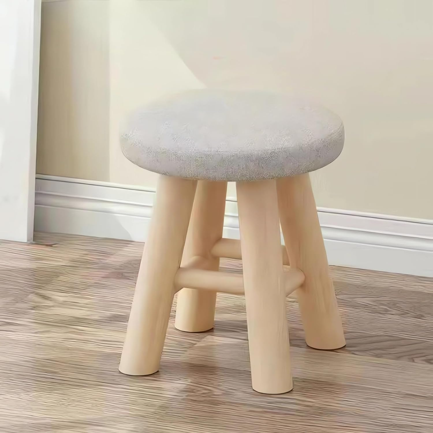 Round Padded Ottoman Stool, 26 X 28 Cm, Wooden Legs, Grey/Blue and Green A268 (Green)