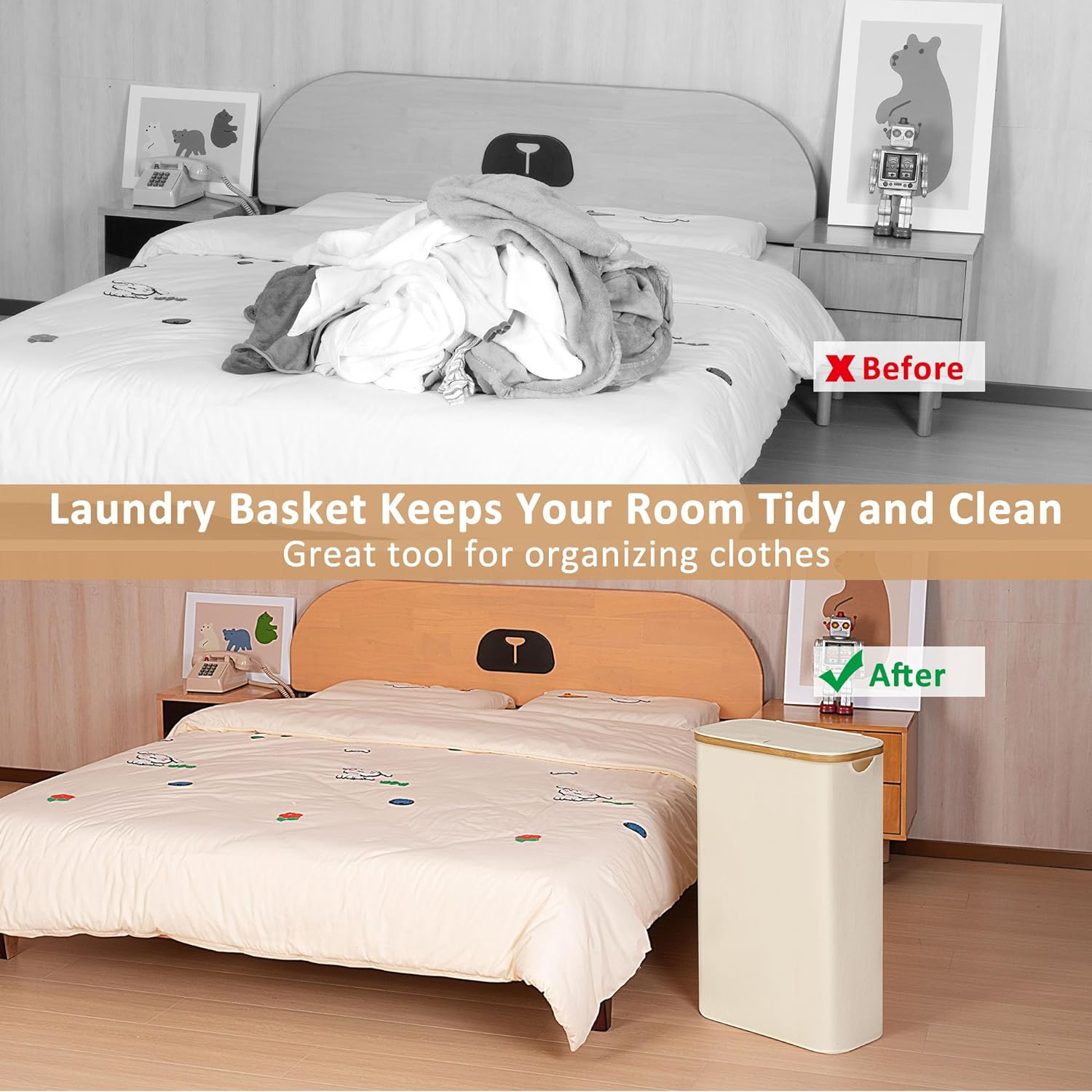 60L Slim Laundry Basket with Lid,Hampers for Laundry,Narrow Laundry Hamper with Removable Inner Bag & Bamboo Handles,Tall Thin Clothes Hamper for Clothes Toys Towels Organization（Beige ） image number 2