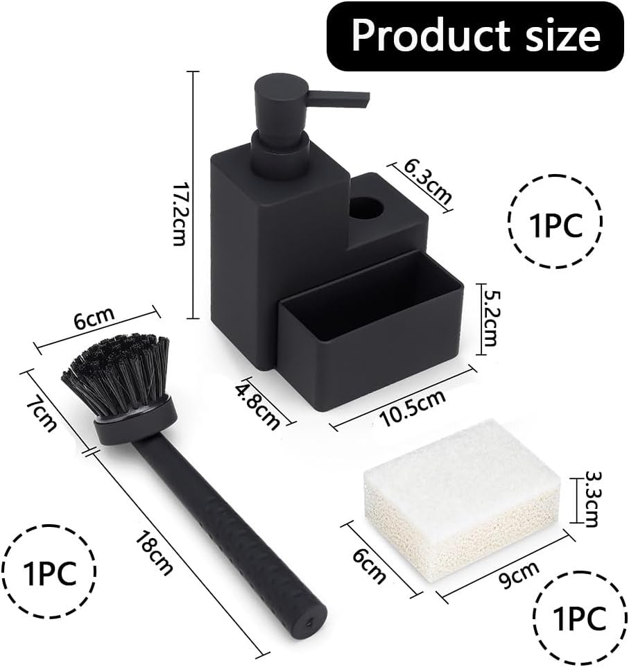 Ranqisys 3-In-1 Soap Dispenser Set with Sponge Holder &ndash; Dual Soap Pump Dispenser for Kitchen Sink, Hand & Dish Soap, Brush & Sponge Caddy, Black, 320Ml image number 5