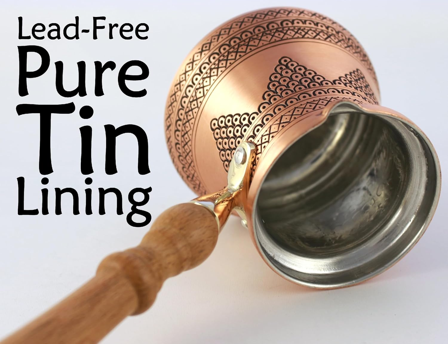 DEDE Copper - PCZ Series (Large-14Fl.Oz) - Thickest Solid Copper Engraved/Hammered Turkish Greek Arabic Coffee Pot with Wooden Handle, Stovetop Coffee Maker Cezve, Jezve, Jazva, Ibrik, Briki (Matte) image number 2