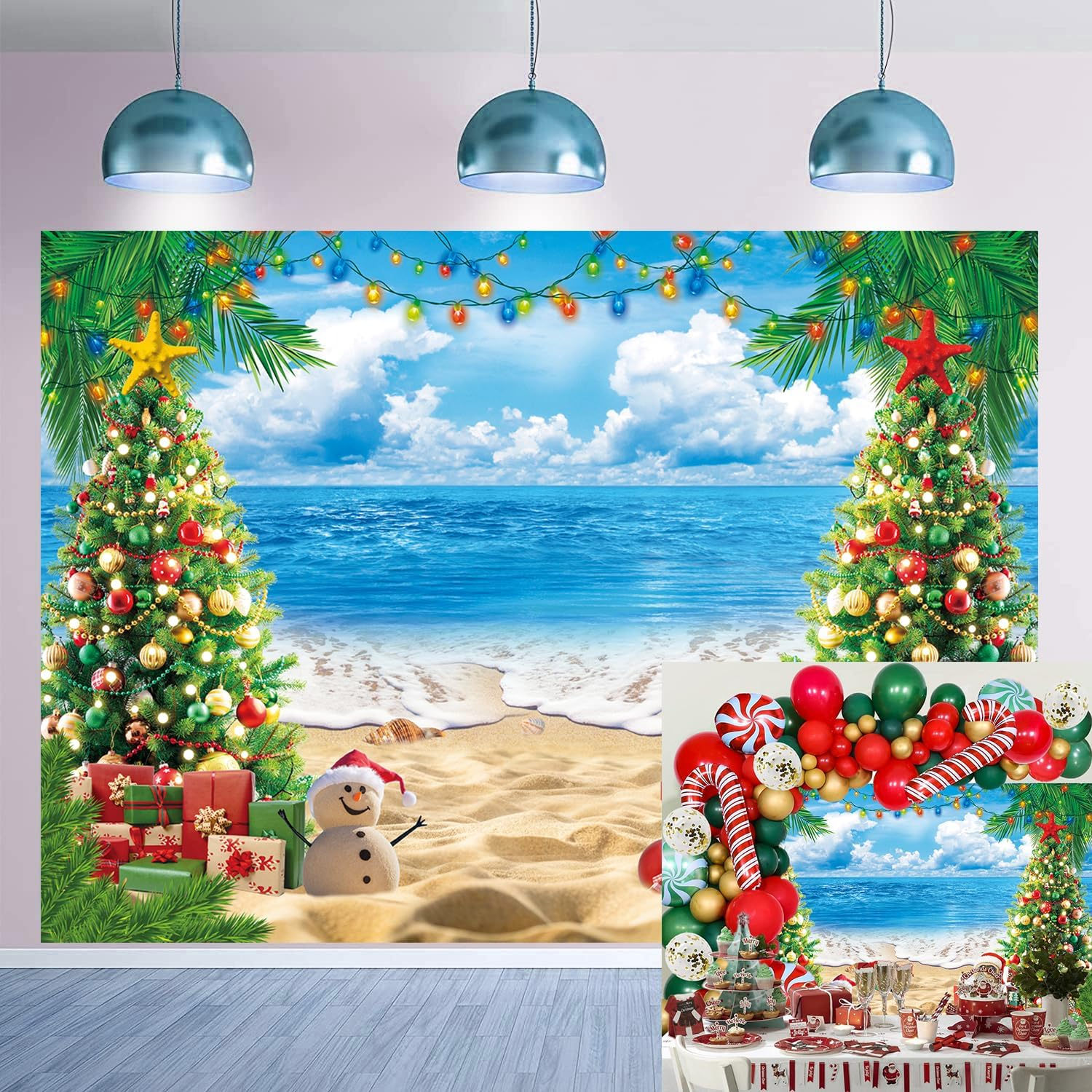 July Christmas Backdrop 8X6Ft for Photography Summer Beach Christmas Tree Decoration Background Tropical Hawaiian Xmas Party Supplies Photo Props