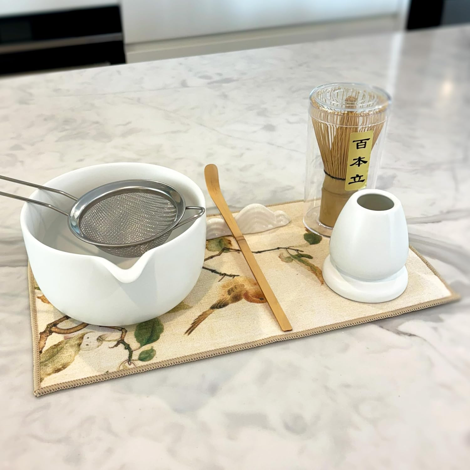 Matcha Whisk Set &ndash; 7-Piece Japanese Matcha Tea Set with Chasen, Matcha Bowl, Sifter, Tea Strainer, Whisk Holder & Kitchen Towel &ndash; Complete Matcha Kit by Giftora (White) image number 1