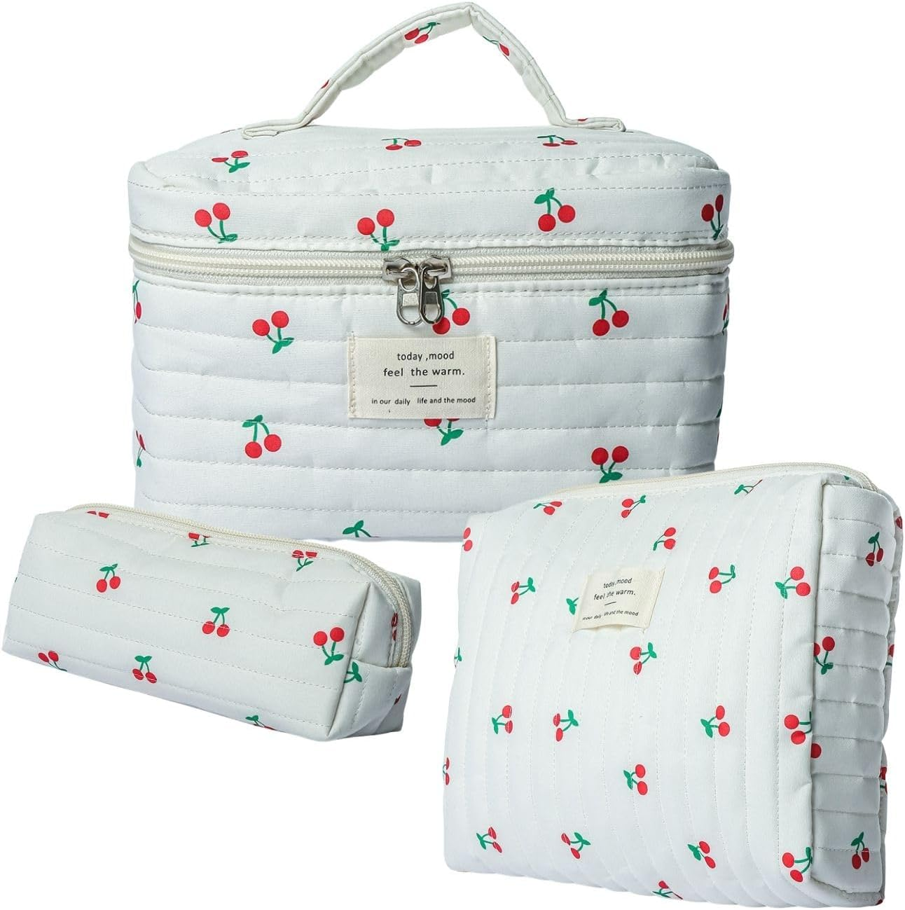 Poemtian 3Pcs Makeup Bag, Toiletry Bag, Cotton Quilted Makeup Bag Large Travel Cosmetic Bag, Cute Aesthetic Toiletry Bag for Women Girls image number 3