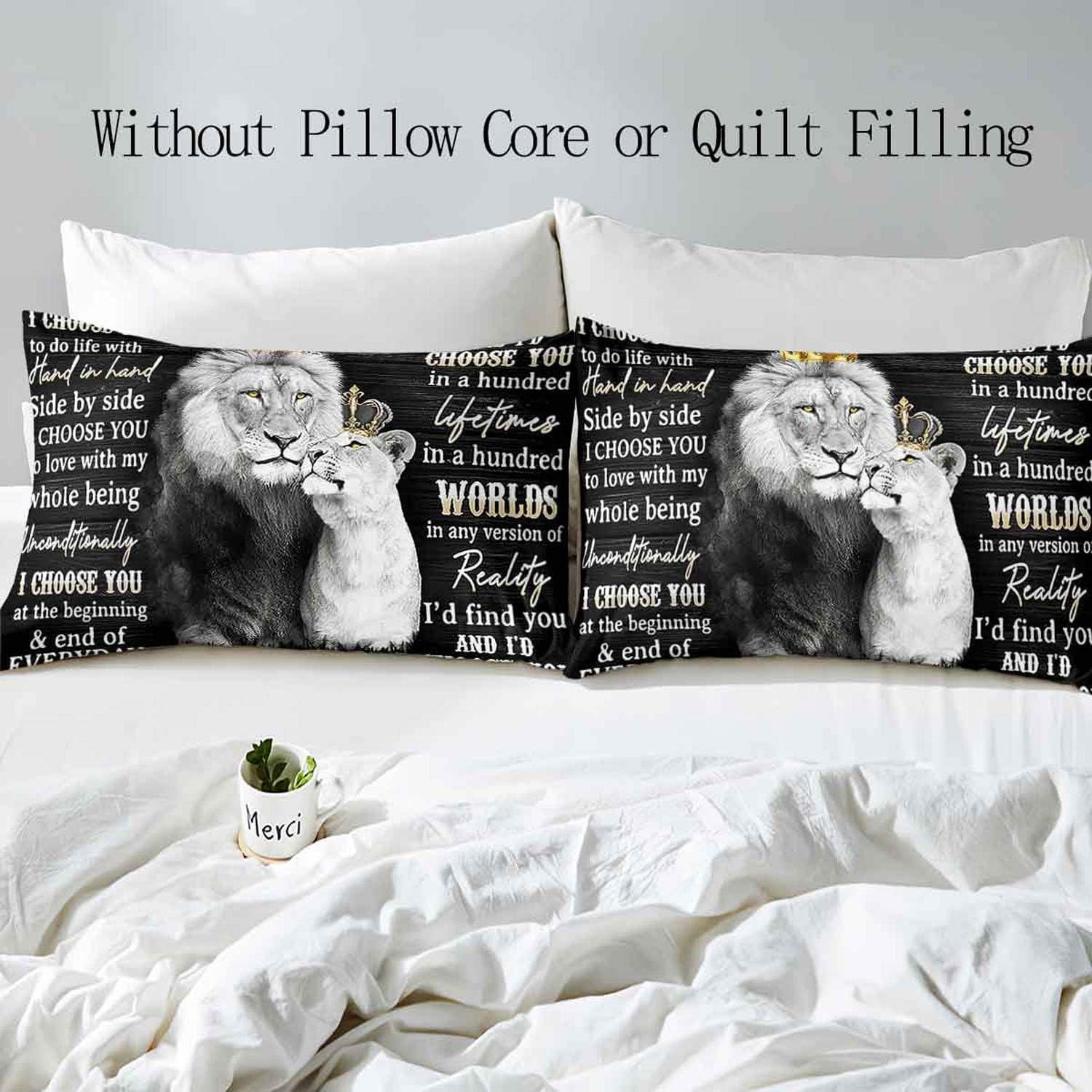 VIVIHOME 3PCS Lion King & Queen Bedding Set, African Safari Animal Black Bedding, Comforter Cover, Wedding Valentines Bedroom Decor for Couples, Romantic Lion Couple Gifts, I Choose You, 2 Pillowcases image number 5