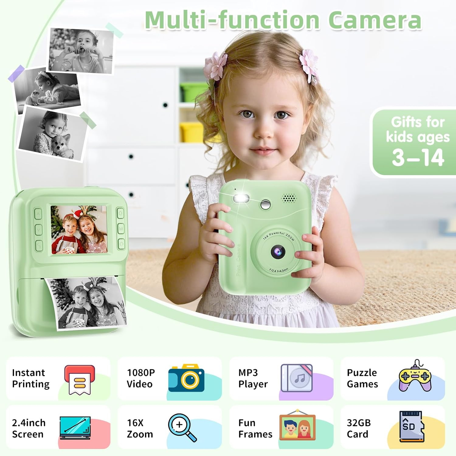 MINIBEAR Kids Camera Instant Print, Instant Print Camera for Kids Digital Camera Toddler Toys Christmas Birthday Gifts for 3 4 5 6 7 8 9 10 Year Old Boys Girls Video Camera with Print Paper image number 6