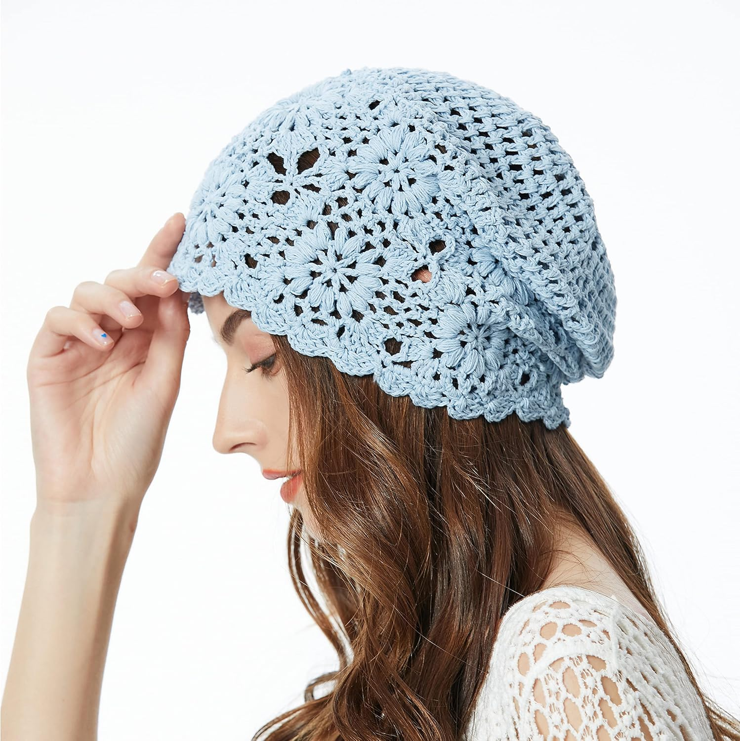 ZLYC Women Cotton Crochet Slouchy Beanie Hat Handmade Knit Cutout Summer Floral Skull Cap image number 2