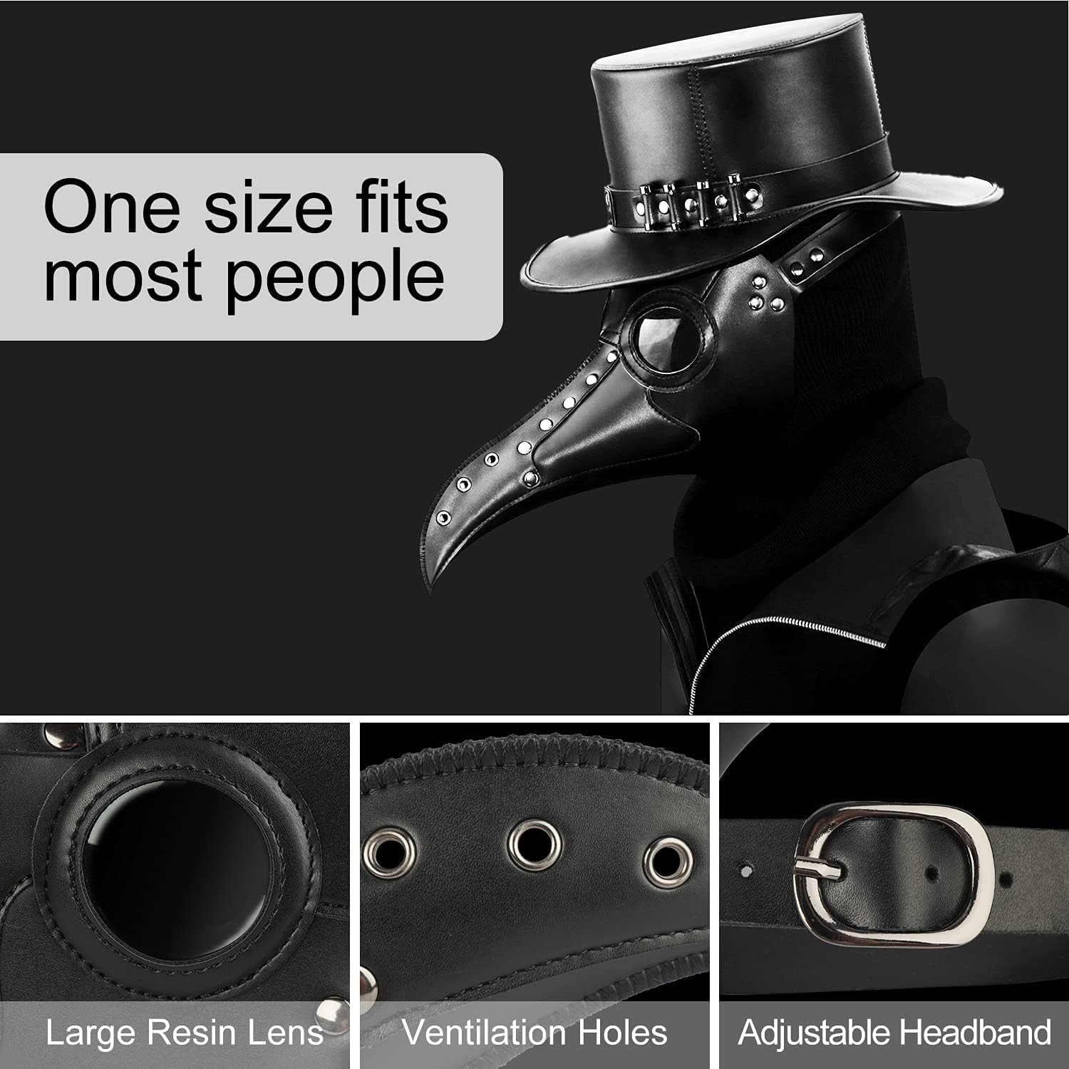 Black Leather Plague Doctor Mask Long Nose Bird Beak Plague Mask Steampunk Halloween Costumes Props Mask for Adult image number 5