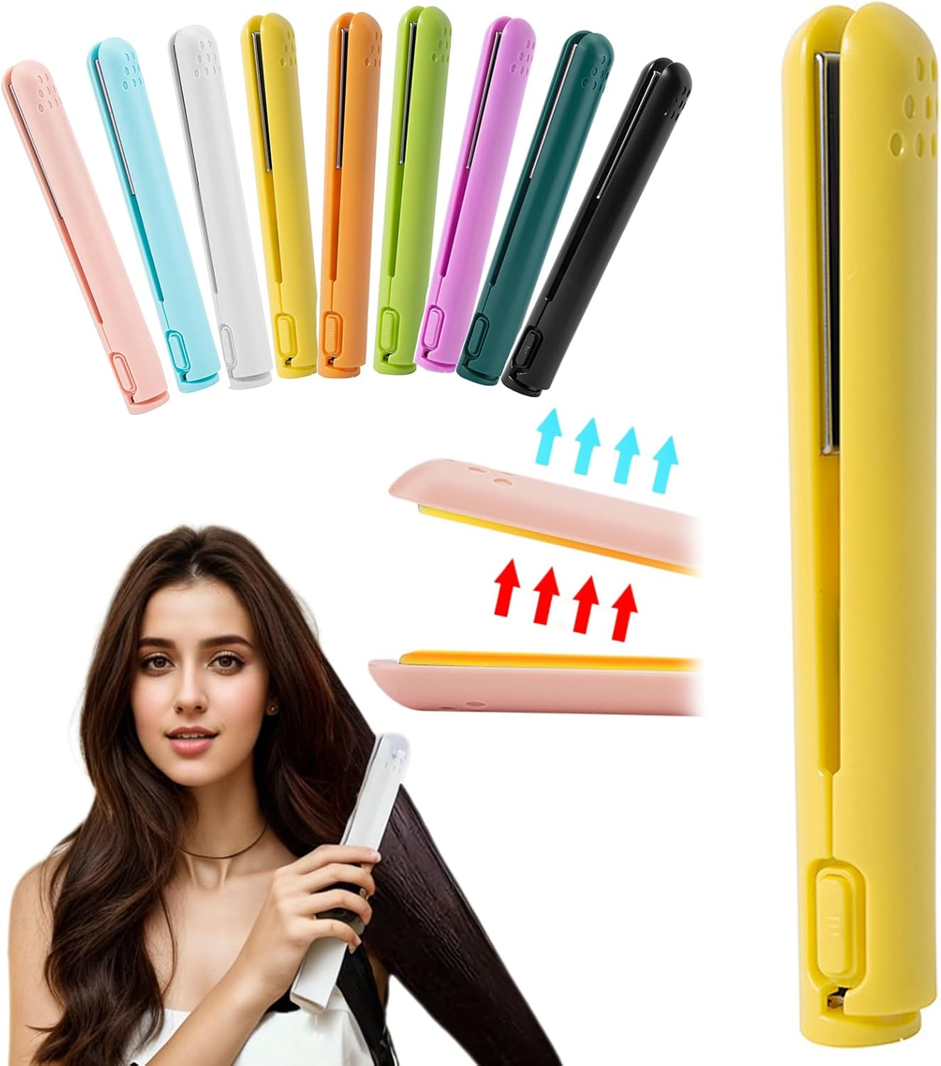 Mini Curling Iron, Mini Dual Purpose Curling Iron, 2024 New 2-In-1 Mini Cordless Curling Iron, Portable Travel Curling Iron Mini, Ceramic Mini Hair Curler, Curling Wand/Straightener, USB (Yellow) image number 4
