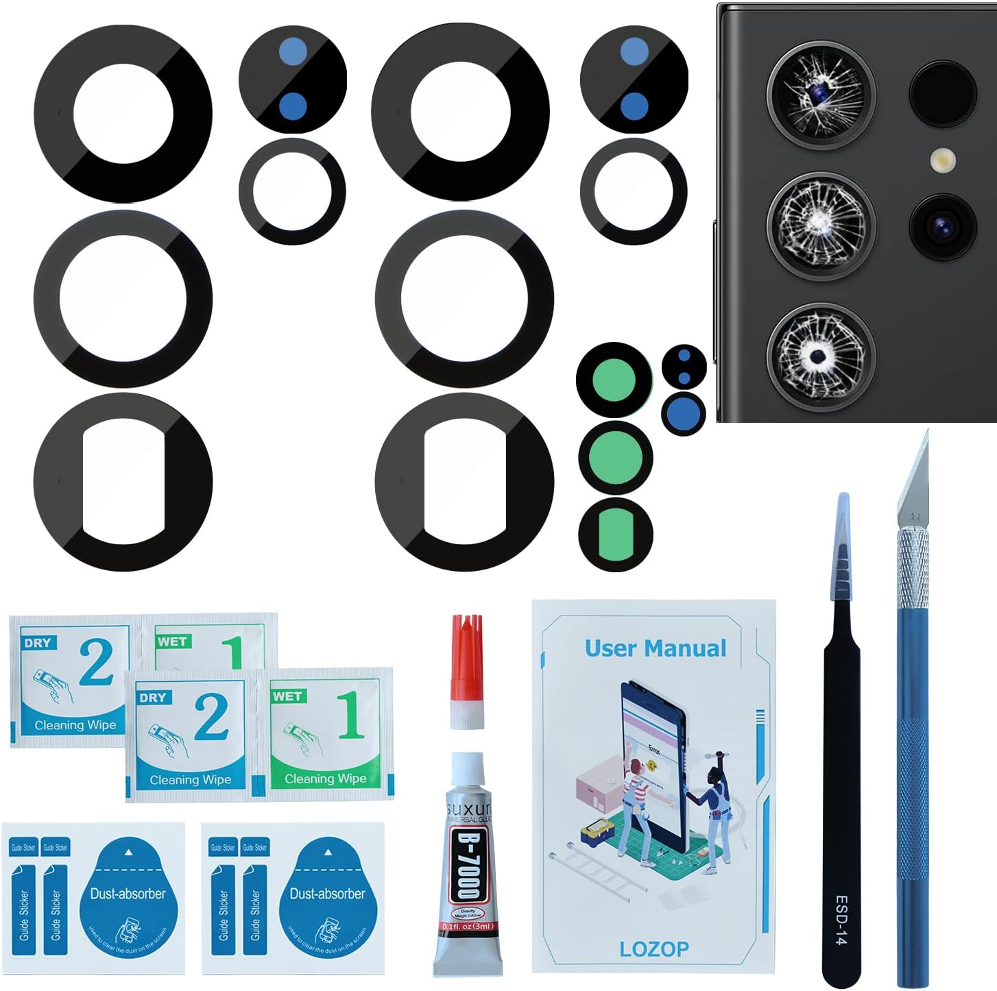LOZOP 2 Sets S21 Ultra Rear Camera Lens Glass Replacement with Adhesive Pre-Installed Compatible for Galaxy S21 Ultra with Repair Tools and Installation Manual image number 6