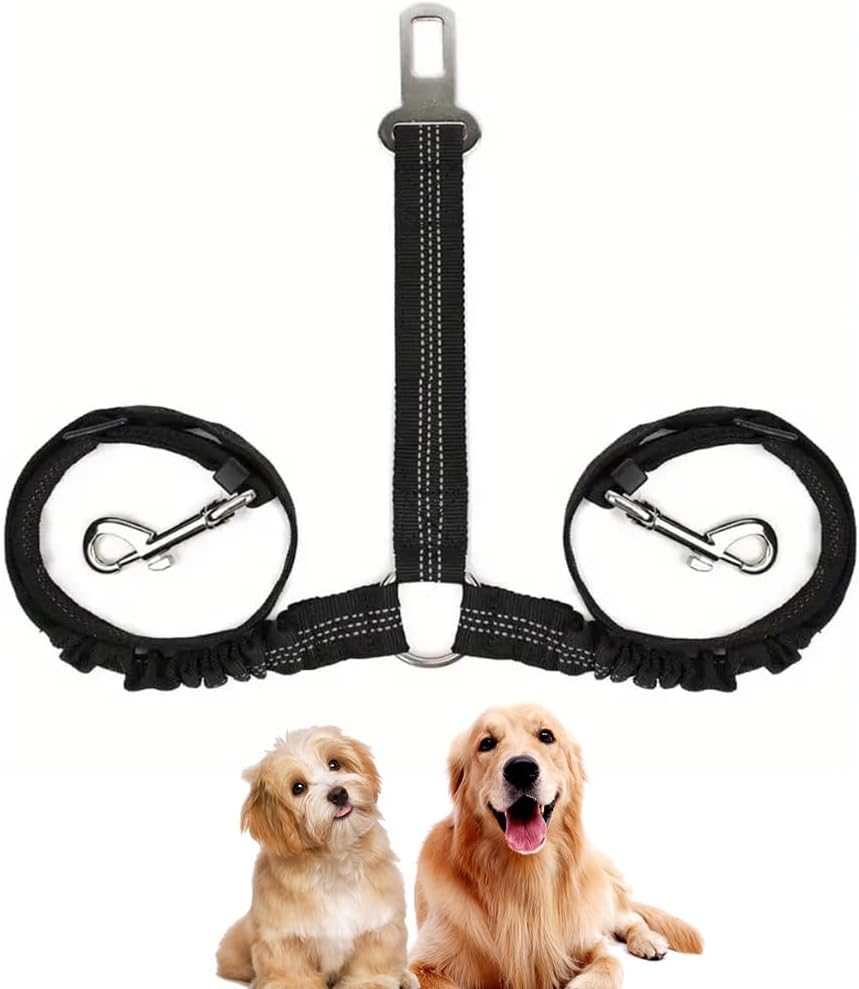 Double Dog Seatbelt,Coupler Lead with Elastic Bungee and Reflective Stripe,No Tangle Safety Belt Splitter in Vehicle for Two Pets Pets Trip Travel