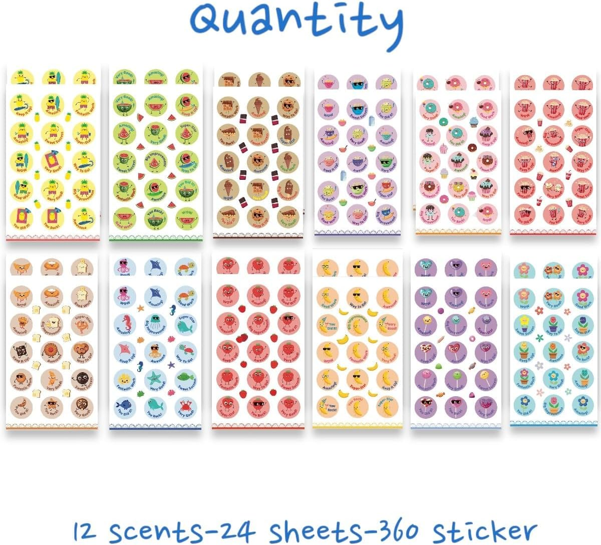 Smelly Stickers Scratch and Sniff, 24 Sheets, 12 Different Scents, Motivational Reward Stickers for Kids and for Teachers (360) image number 3