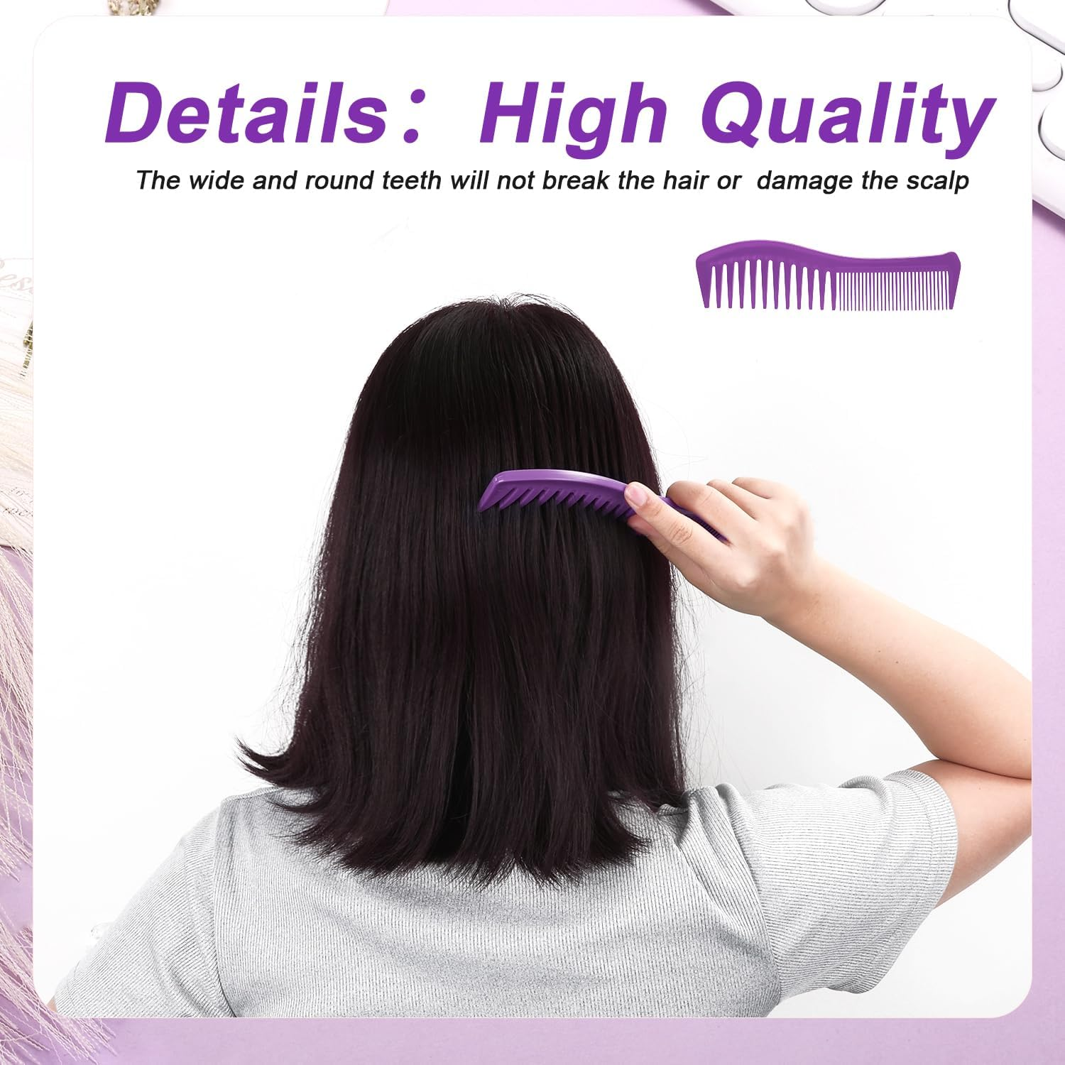 2Pcs Hair Combs, Plastic Hairstyle Comb Large Tooth&Fine Tooth Comb Barber Comb for Men Women Combing Hairstyling Trimming Cutting Barber (Purple) image number 2