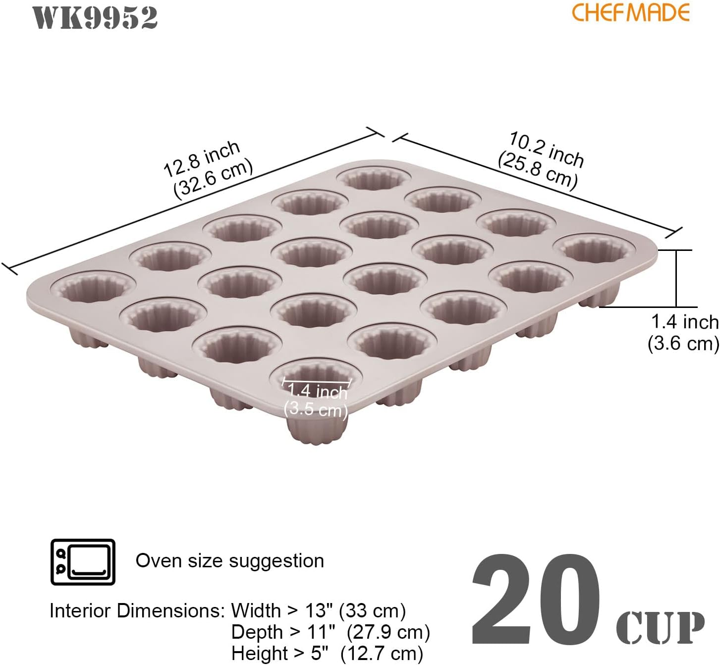 CHEFMADE Mini Canele Mold Cake Pan, 20-Cavity Non-Stick Mini Canele Muffin Bakeware Cupcake Pan for Oven Baking (Champagne Gold), (Gold-Bake-Wk9952) image number 6
