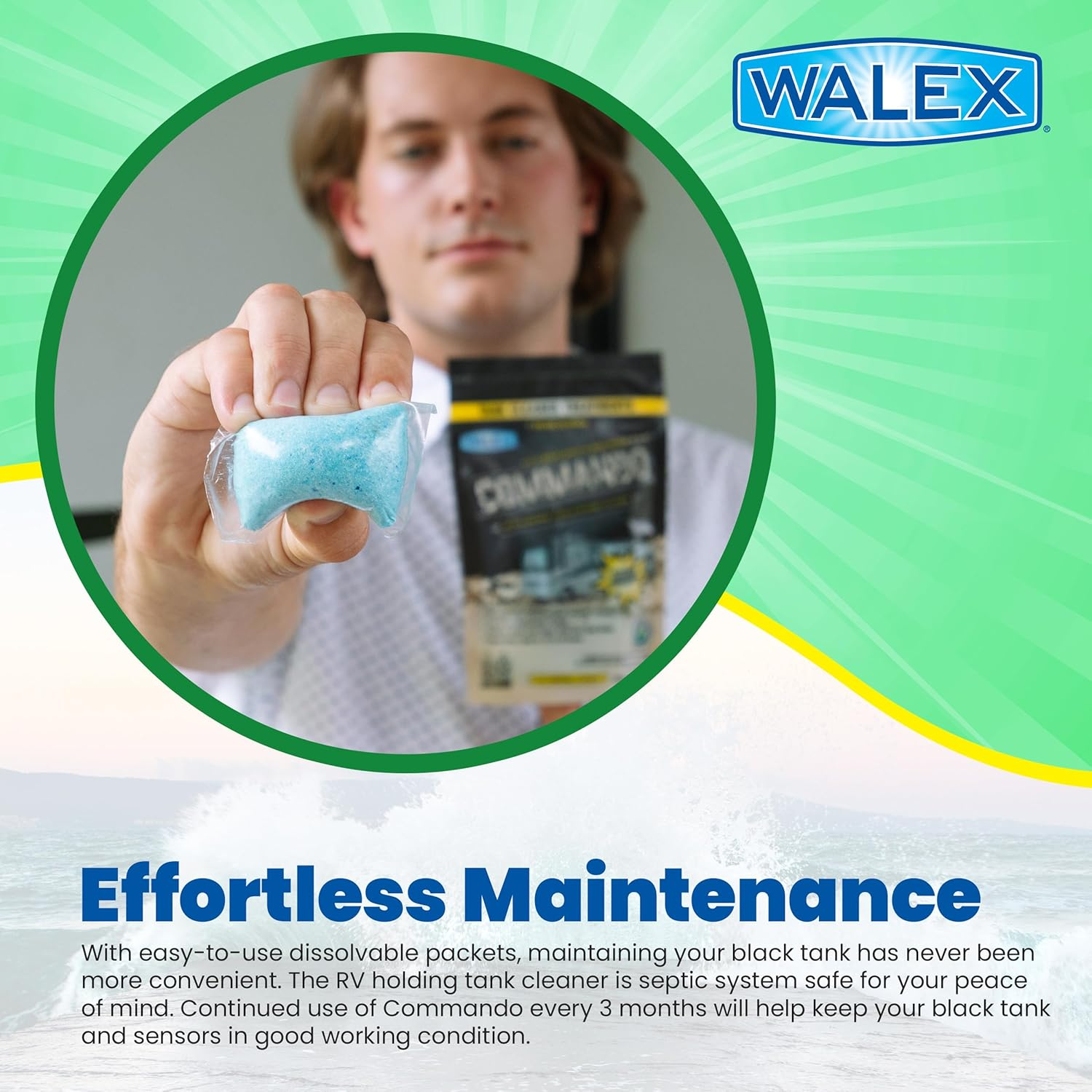 Walex Commando RV Black Holding Tank & Sensor Cleaner - Eliminates Waste & Paper Buildup, Restores Sensor Function, Lubricates Valves & Seals, Advanced Enzyme Formula; Dissolvable Packets, 4 Count