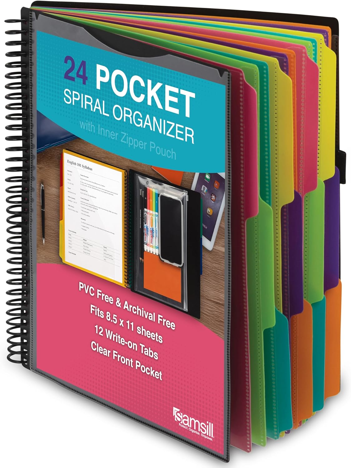Samsill Deluxe 24 Pocket Spiral Project Organizer with Inner Zipper Pouch, Customizable Front Cover, 12 Dividers with Erasable Write-On Tabs in Fashion Colors, Plastic Folders with Pockets image number 2