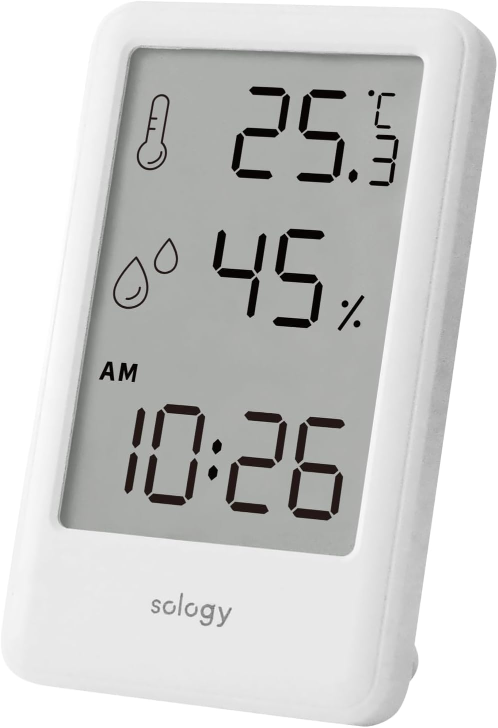Sology Digital Thermometer/Hygrometer, Small, Clock with Alarm, Thermometer, Hygrometer, Mini, Indoor, Easy to Read Tabletop, Wall Mounted, White