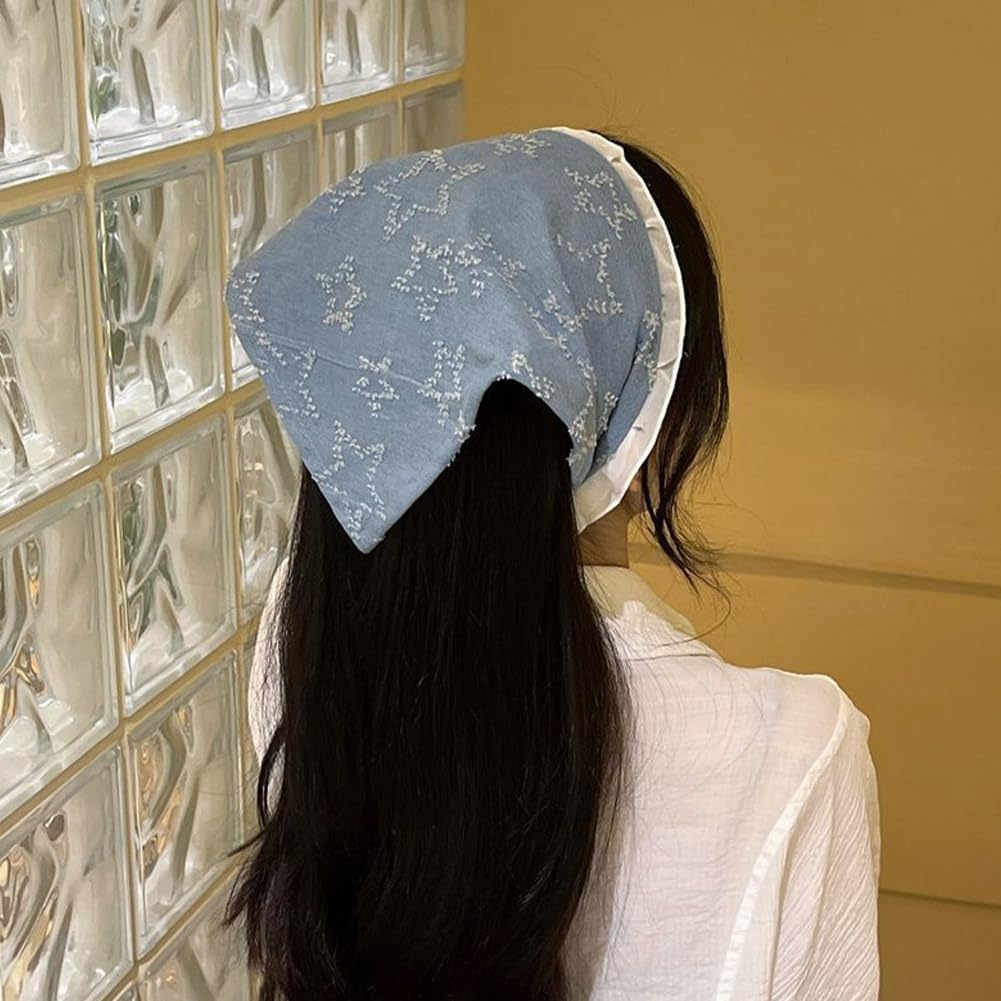CABODYALS Blue Star Pattern Head Scarf Kerchief Small Triangle Headband Hair Covering Wrap with Ruffled Pleated Edge Lace up Design Bandana for Women Holiday Costume Accessories Decor Styling image number 1