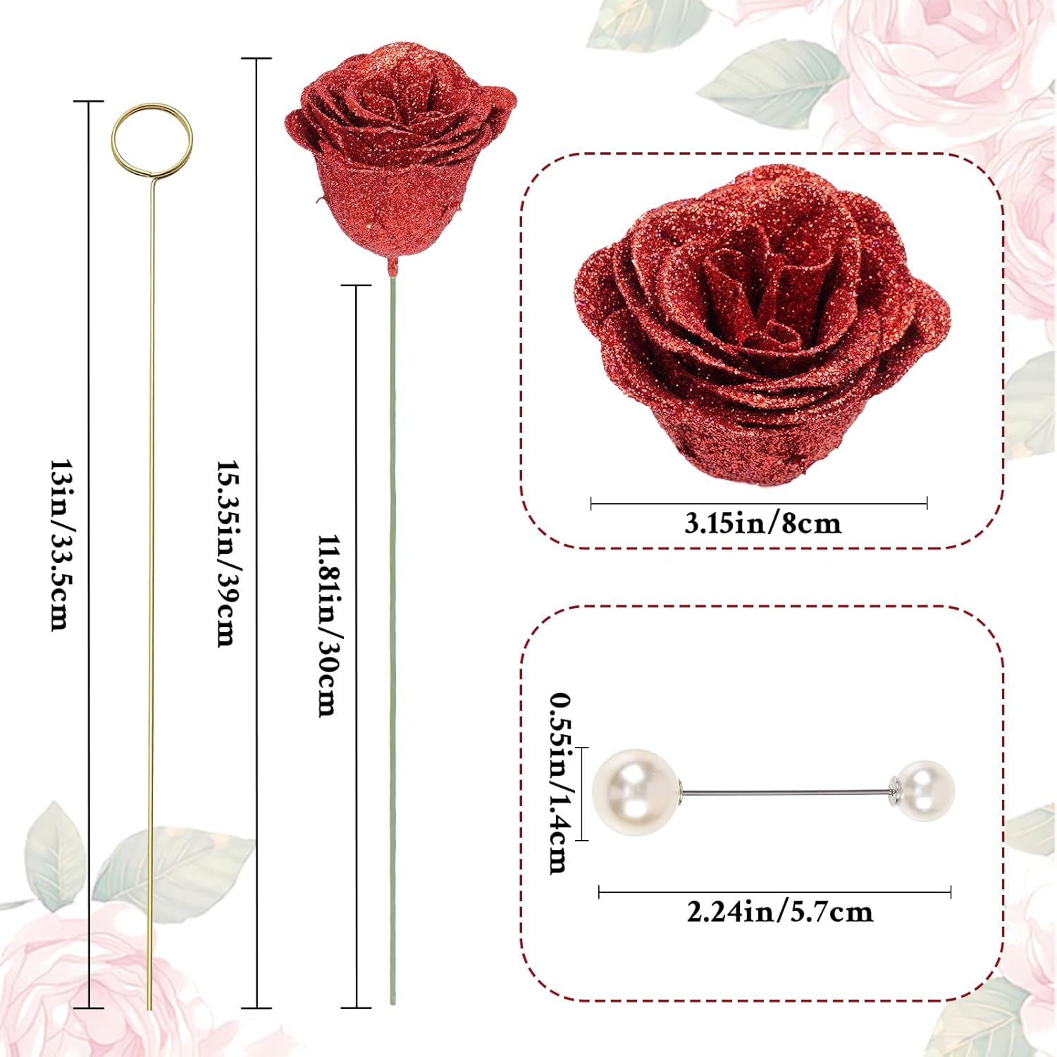 Waipfaru Red Glitter Roses Bouquet, DIY Fake Flowers Bouquet, Everlasting Shiny Artificial Rose Bouquet for Valentine'S Day, Anniversary, Engagement, Wedding, 24 Roses image number 2