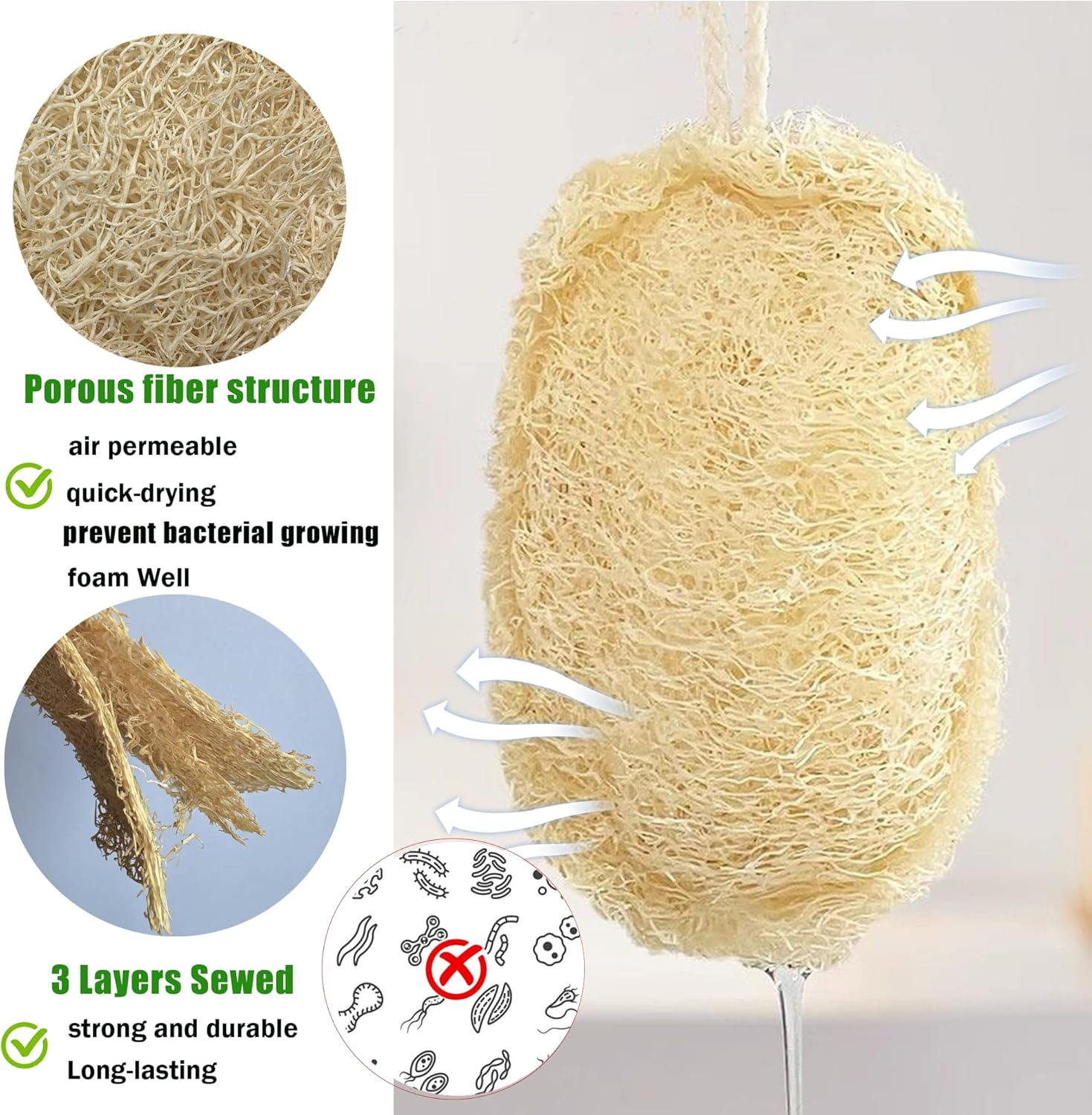 HONSVA Natural Loofah Kitchen Sponge (6 Pcs) No Scratch Brush for Dishwashing, 100% Plant Fibers Vegetable Scrubber, Zero Waste and Eco Friendly Loofa, Rectangular, Large image number 1