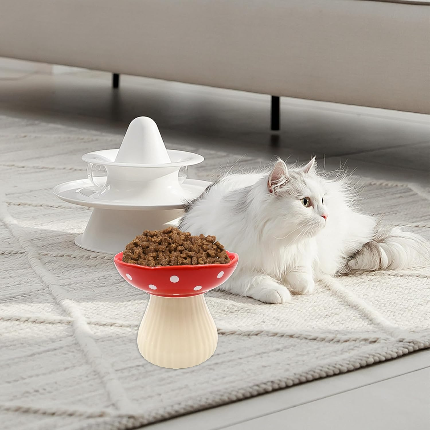 Ceramic Raised Cat Bowl, Wide Shallow Elevated Cat Bowls Whisker Friendly, Cute Mushroom Cat Food Bowls Elevated for Flat Faced Kitten, Cat Dishes for Food and Water (Red) image number 2