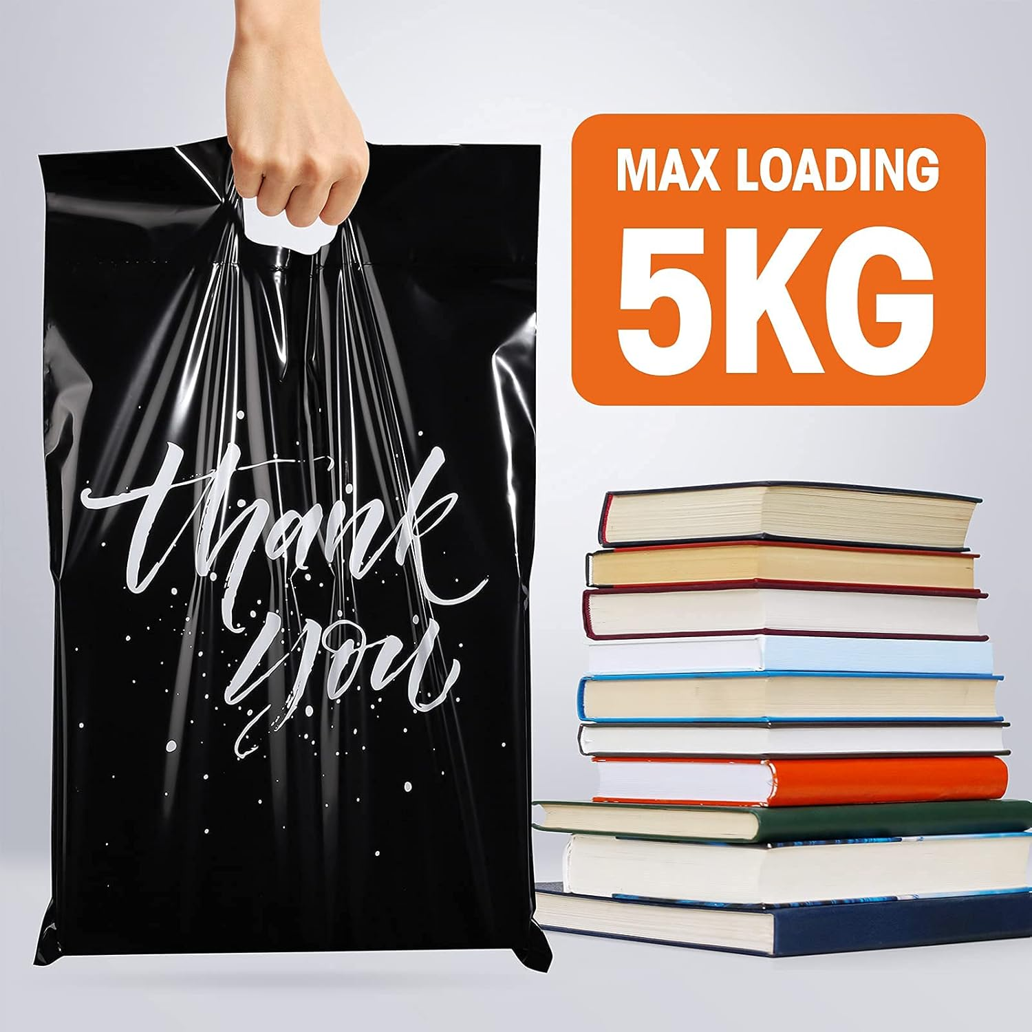 Switory 100Pcs Parcel Bags for Posting Clothes 305X394Mm with Handle - Self Adhesive Postal Mailing Bags 12X15.5 Package for Clothing - Black with Thank You Design image number 1