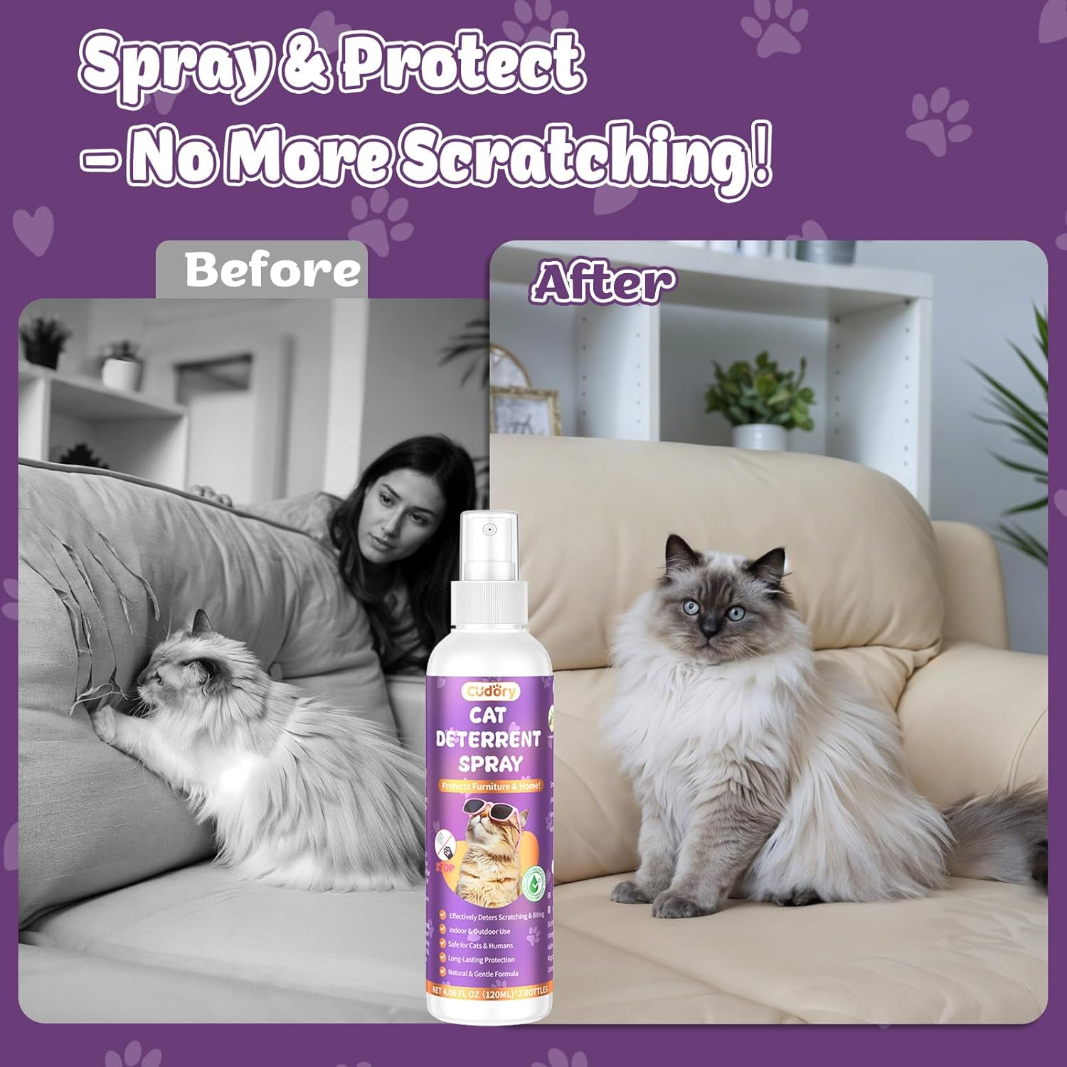 2 Pack Cat Deterrent Spray for Indoor & Outdoor&ndash; Cat Repellent Spray for Scratching & Marking &ndash; Anti-Scratch Deterrent for Furniture, Walls & Plants &ndash; Cat Spray for Behavior Correction(2 Pcs * 120 ML) image number 1