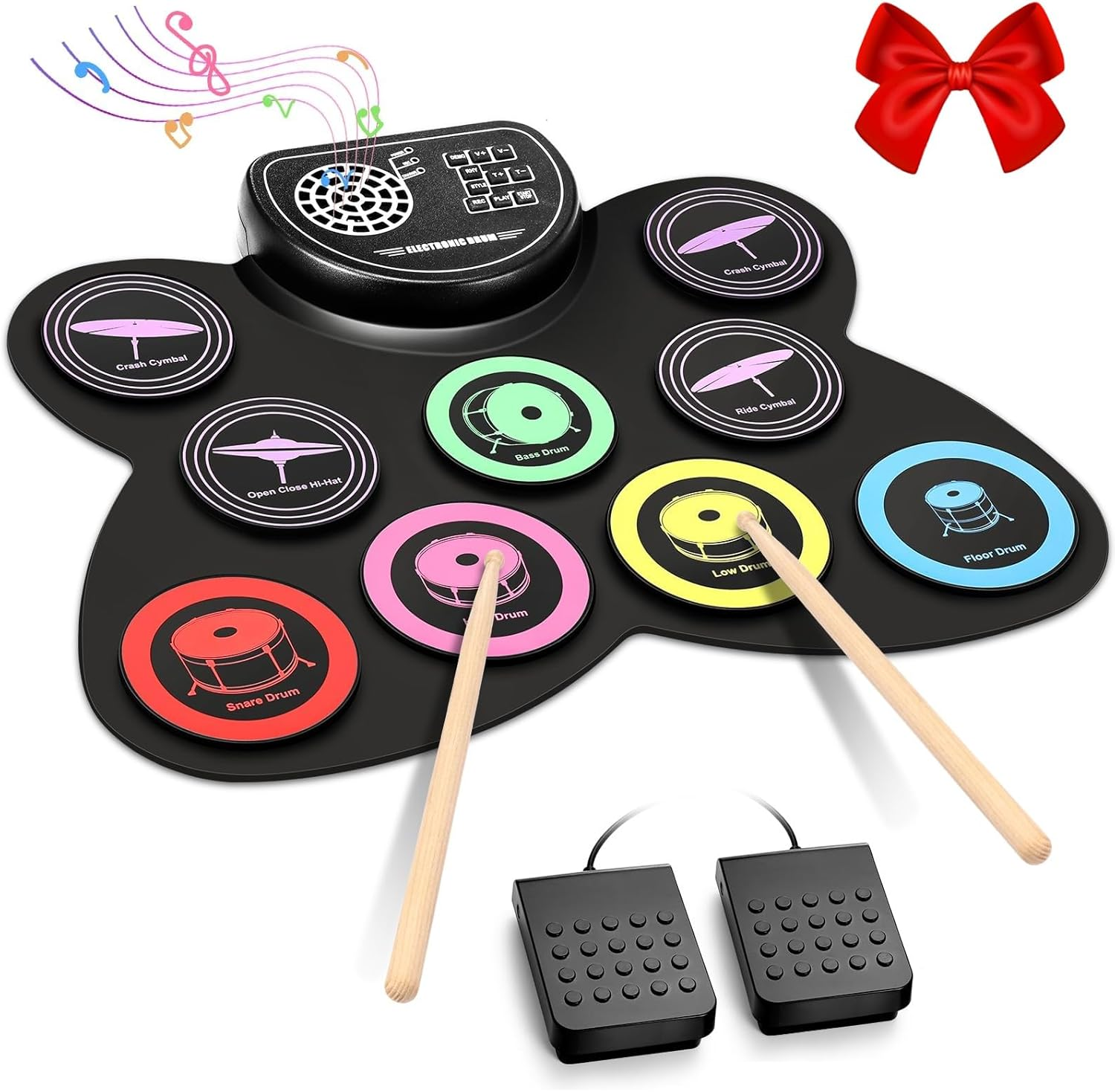 9 Pads Roll up Electronic Drum Kit, Kids Drum Set with Built-In Speakers,Sticks, Pedals, Bluetooth MIDI, Great Christmas & Birthday Gift for Beginners, 10 Hours Playtime image number 1