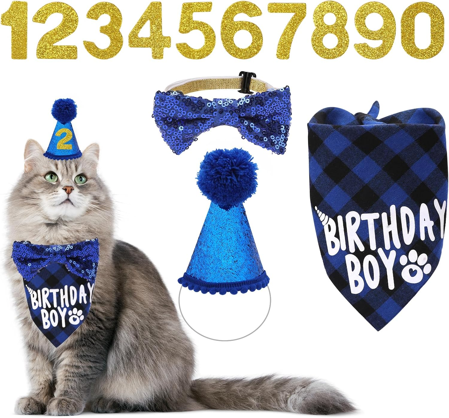 Cat Birthday Party Supplies Breakaway Plaid Cat Birthday Boy Bandana Collar with Bow Tie Cat Kitten Birthday Hat Birthday Number Cat Birthday Outfits Decorations for Cat Kitten