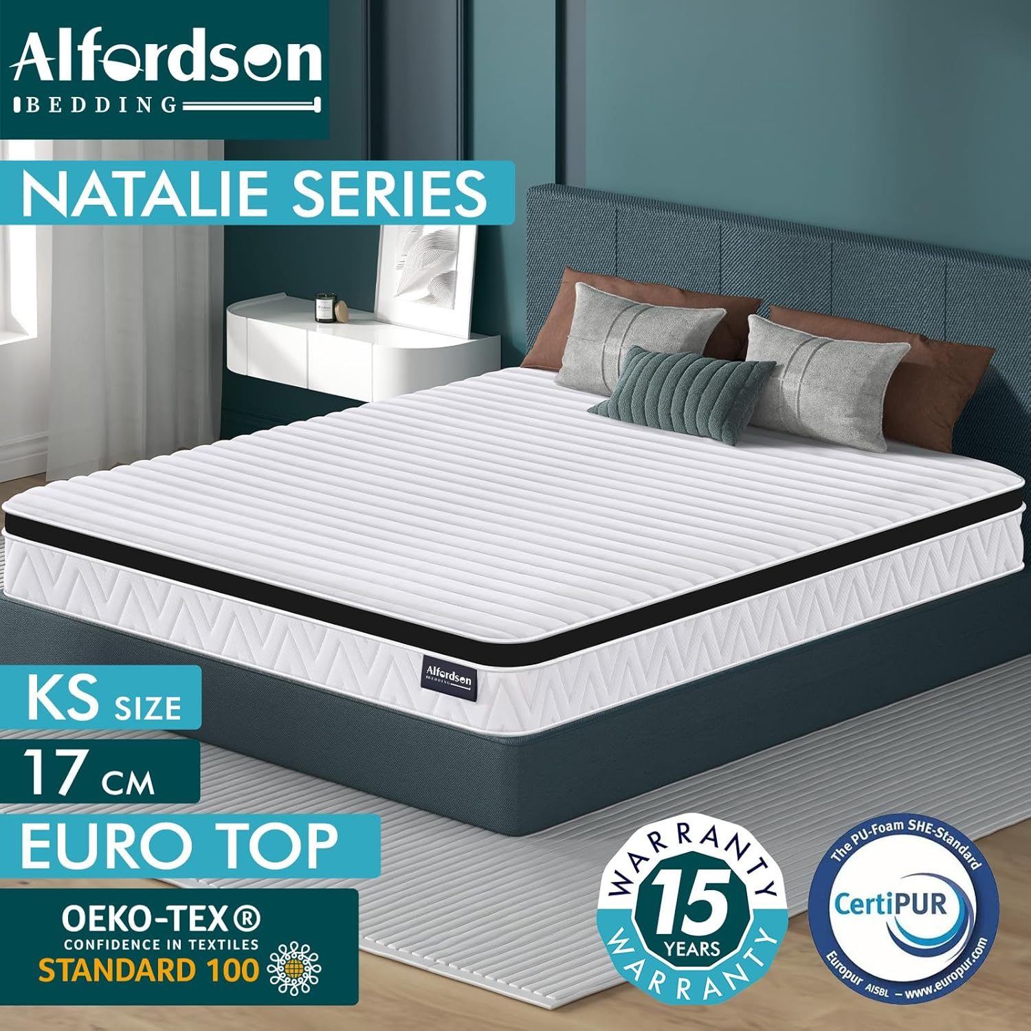 ALFORDSON 17Cm Euro Top Mattress King Single Size, Natalie Series, Pressure Relief Hypoallergenic Memory Foam with Bonnell Spring System, Medium Firm image number 3