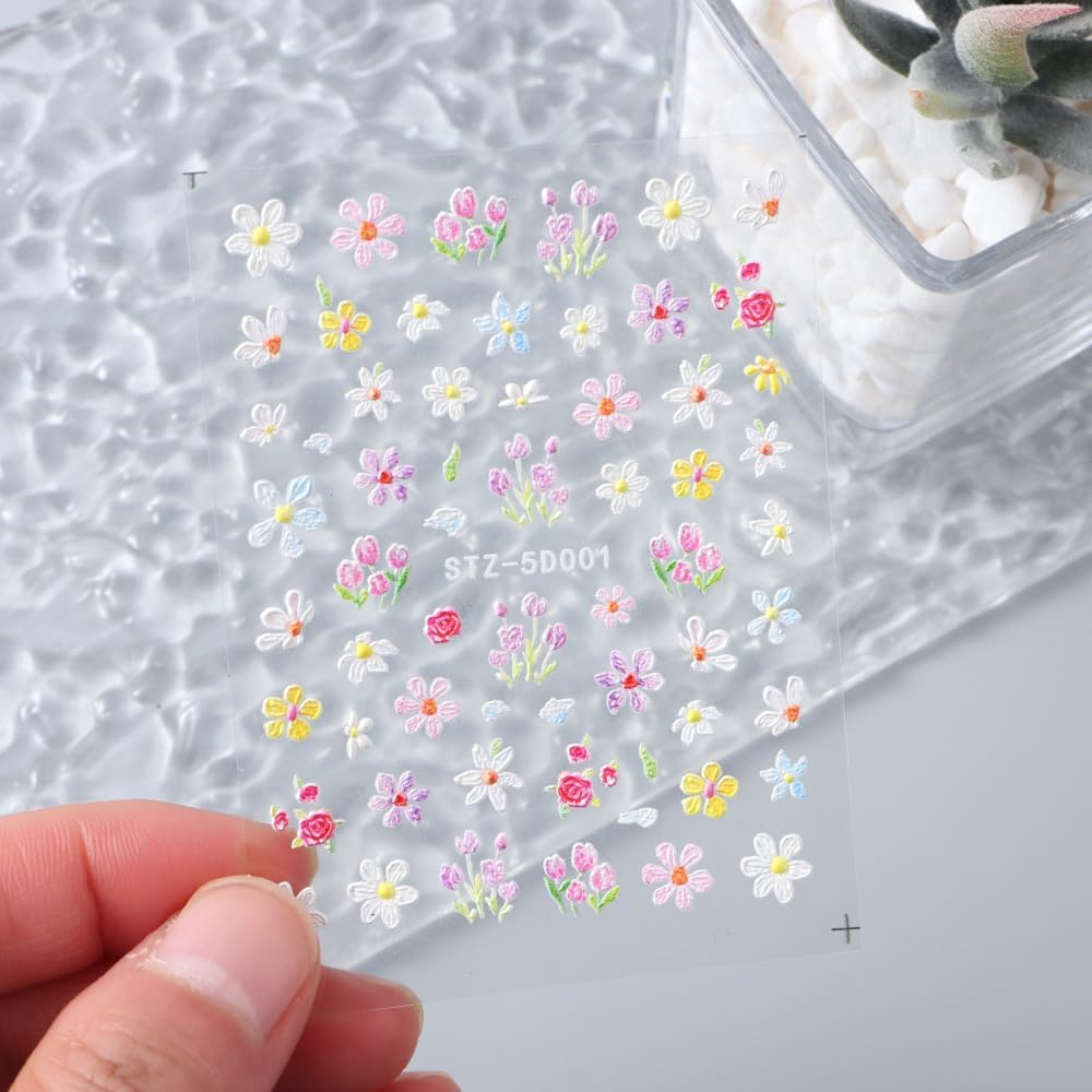 Nail Stickers Self-Adhesive 5D Flowers Nail Art Stickers Pink White Wild Flowers Spring Flowers Nail Sticker 3D Nail Design DIY Manicure Decoration (2 Sheets) image number 4