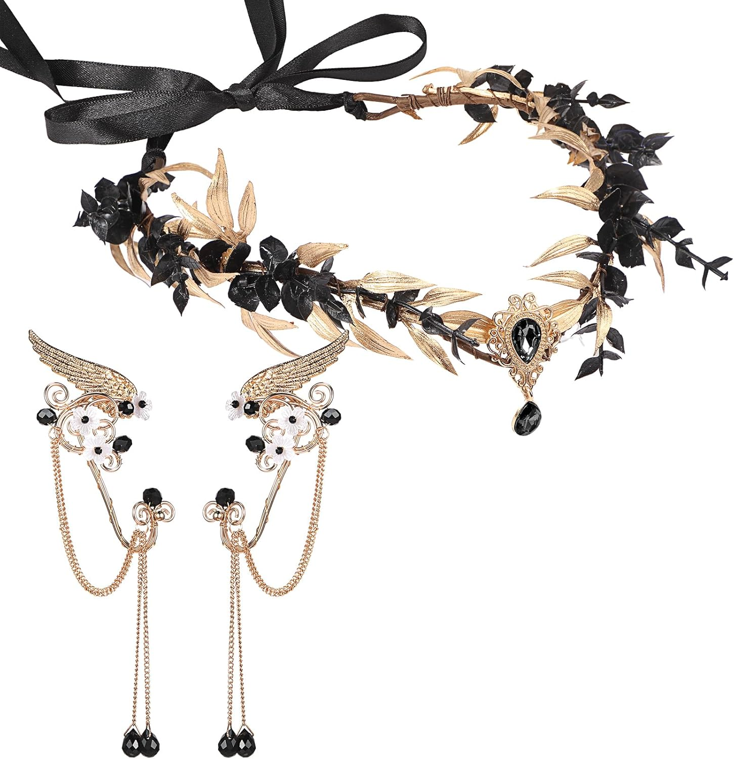 Zeyune Halloween Elves Cosplay Set Fairy Flower Crown Headpiece Elf Ears Cuffs Renaissance Costume Leaf Elves Wings Ear Cuff