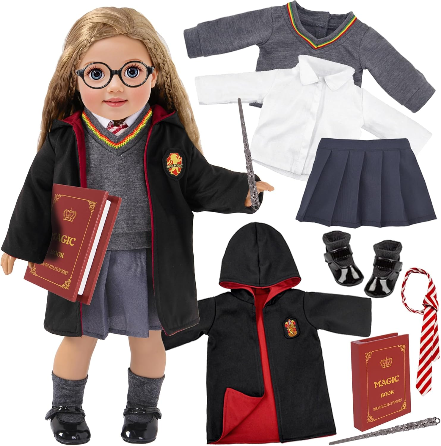 Ebuddy 10Pc/Set Hermione Inspired Doll Clothes Outfits for 18 Inch American Girl Dolls Includes Shirt, Skirt, Sweater, Tie, Socks, Robe, Magic Wind, Imitate Book and Shoes Glasses