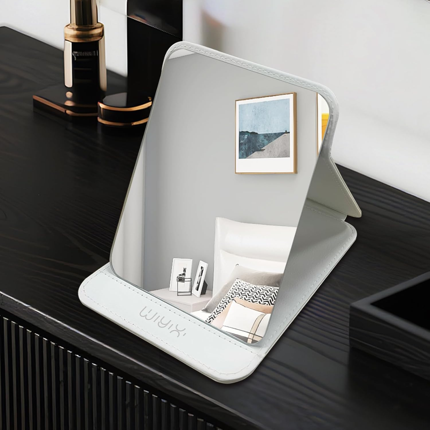 SYHITOU Foldable Travel Makeup Mirror,Adjustable Angle Portable Standing Vanity Mirror, Compact PU Leather Design for Home/Camping/Professional Use, Classic Black (8.4"X6")