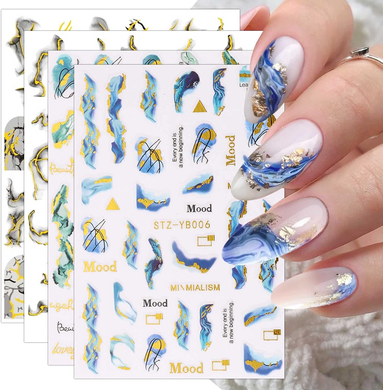 12 Sheets Marble French Nail Art Stickers Decals Self-Adhesive Pegatinas U&ntilde;as Blue Line Pattern Nail Supplies Nail Art Design Decoration Accessories image number 4