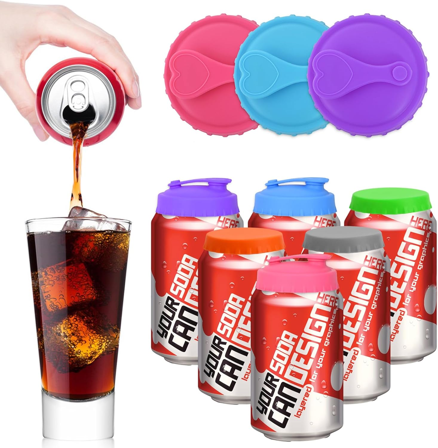 6 Pcs Silicone Can Lid Covers, 2 Styles Can Protector Lid, Dust-Proof and Leak-Proof Silicone Can Cover, Reusable Silicone Sealer Cap, Silicone Can Stopper for Standard Soda, Beer, Cola Cans(6 Colors) image number 3