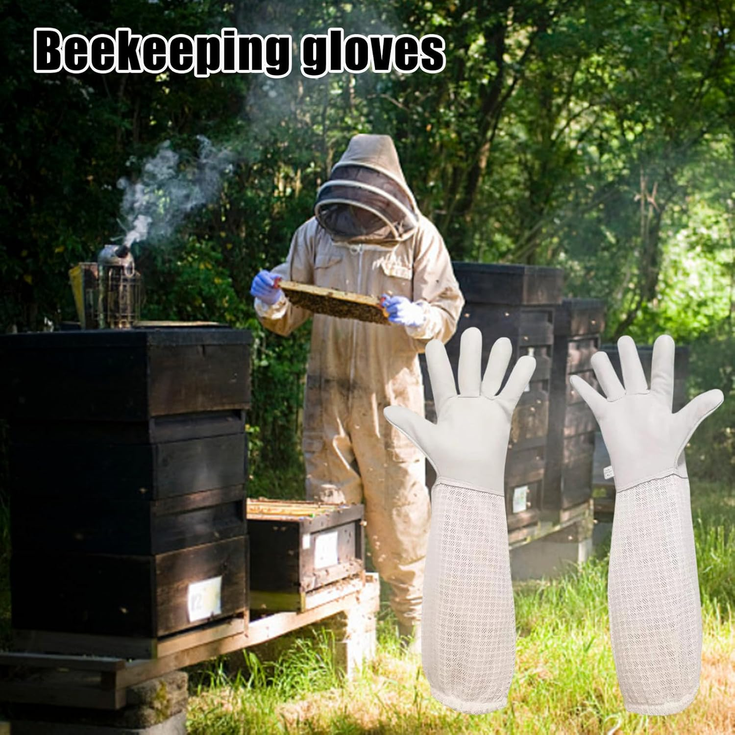 Beekeeper Gloves Goatskin Beekeeping Gloves for Men Woman Protect from Honey Bee Stings, with Ventilated Canvas Long Sleeves Elastic image number 1